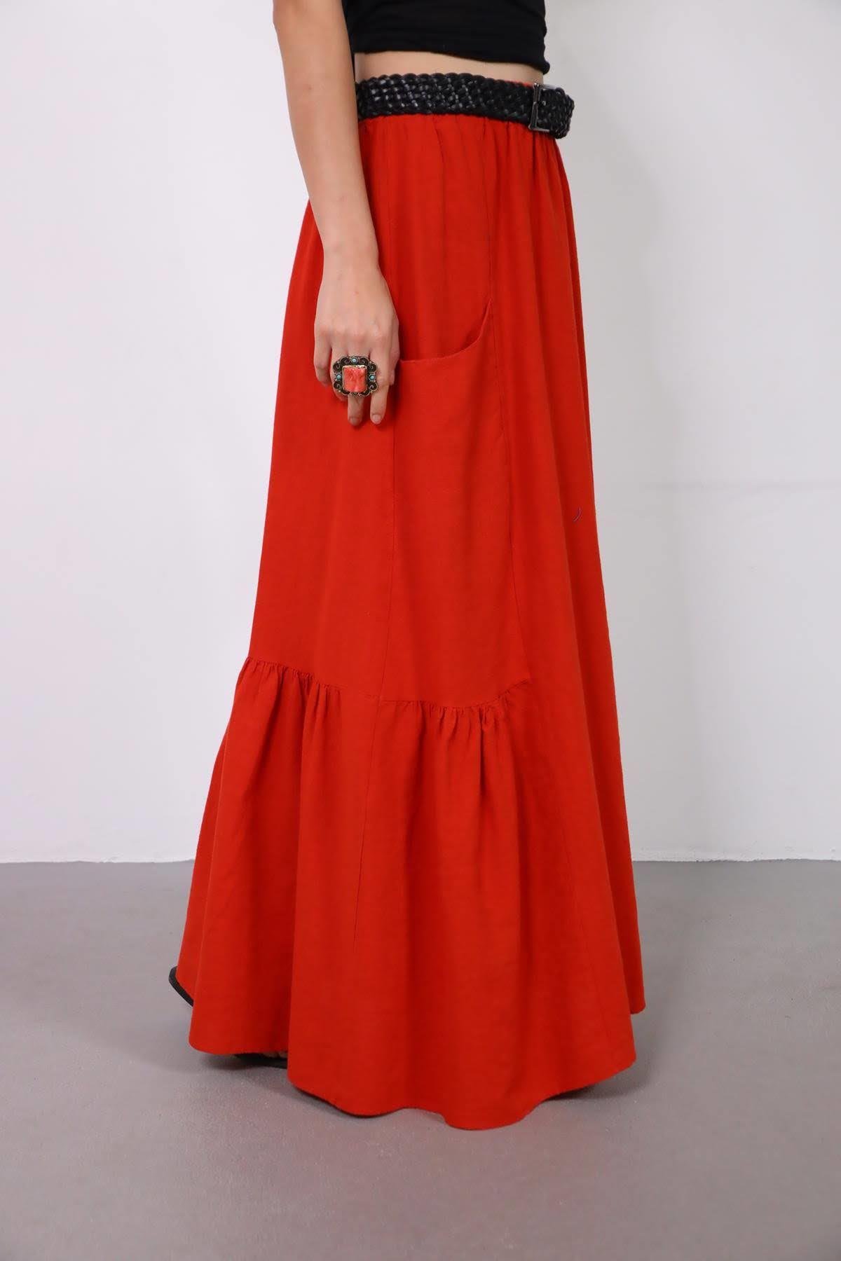  Kırmızı Keten Cepli Pileli Etek