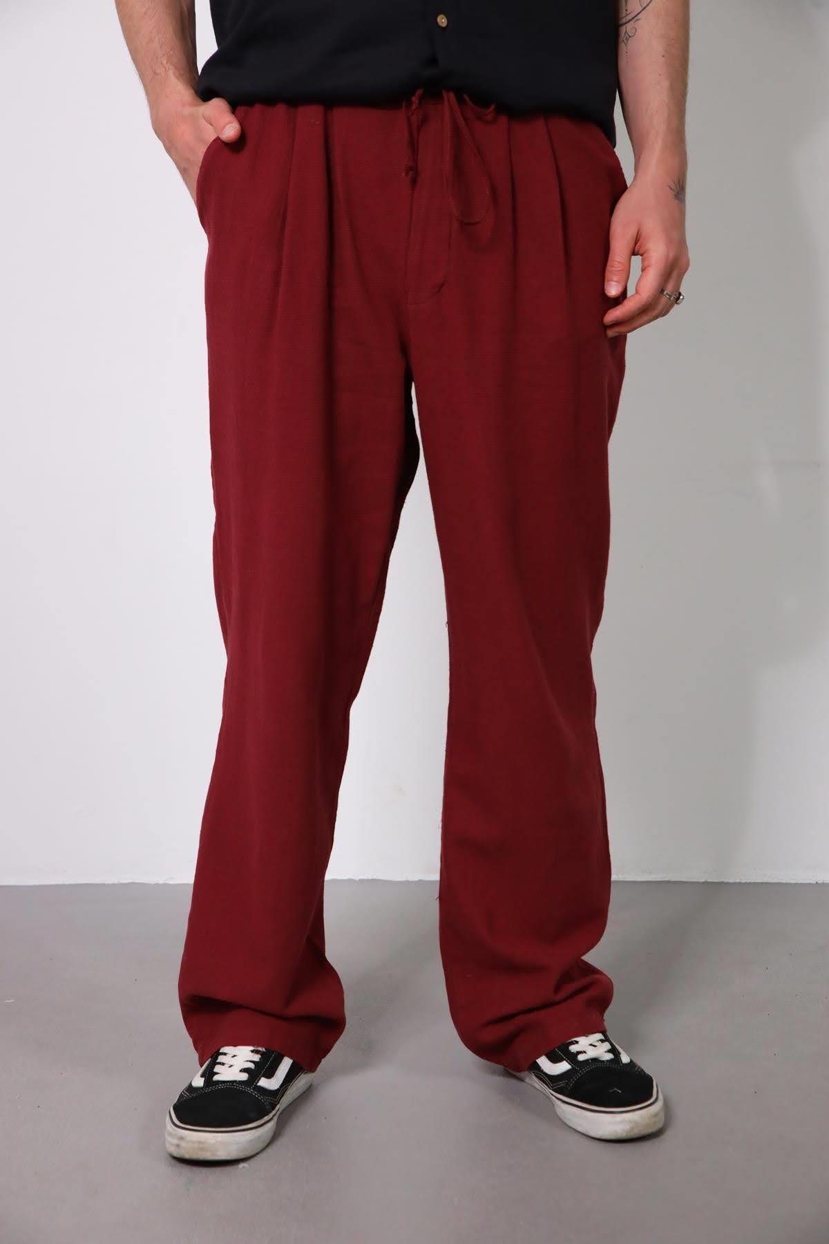  Bordo Beli Lastikli Pileli Pantolon