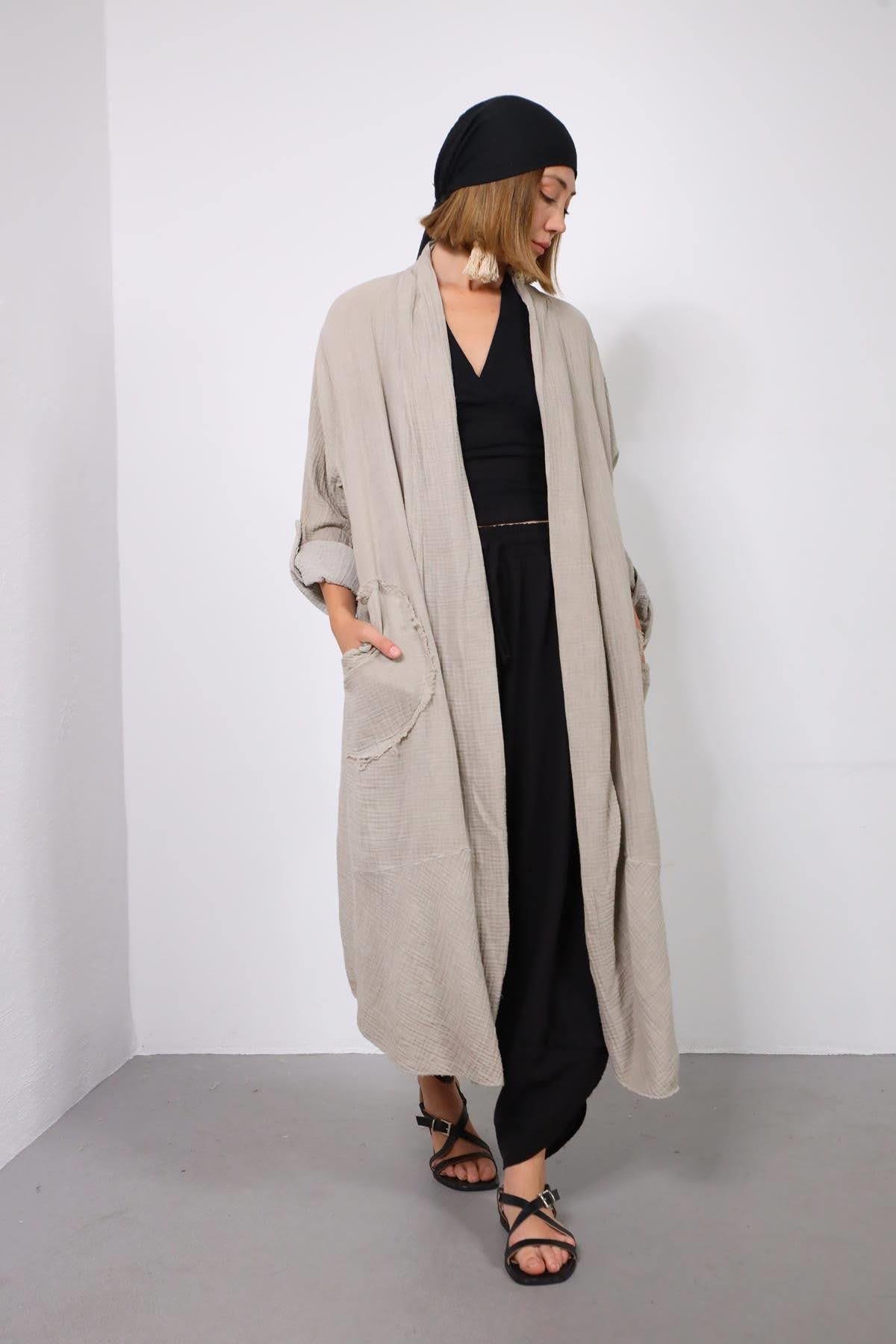  Vizon Rengi Cebi Püskül Detaylı Yıkama Müslin Kaftan