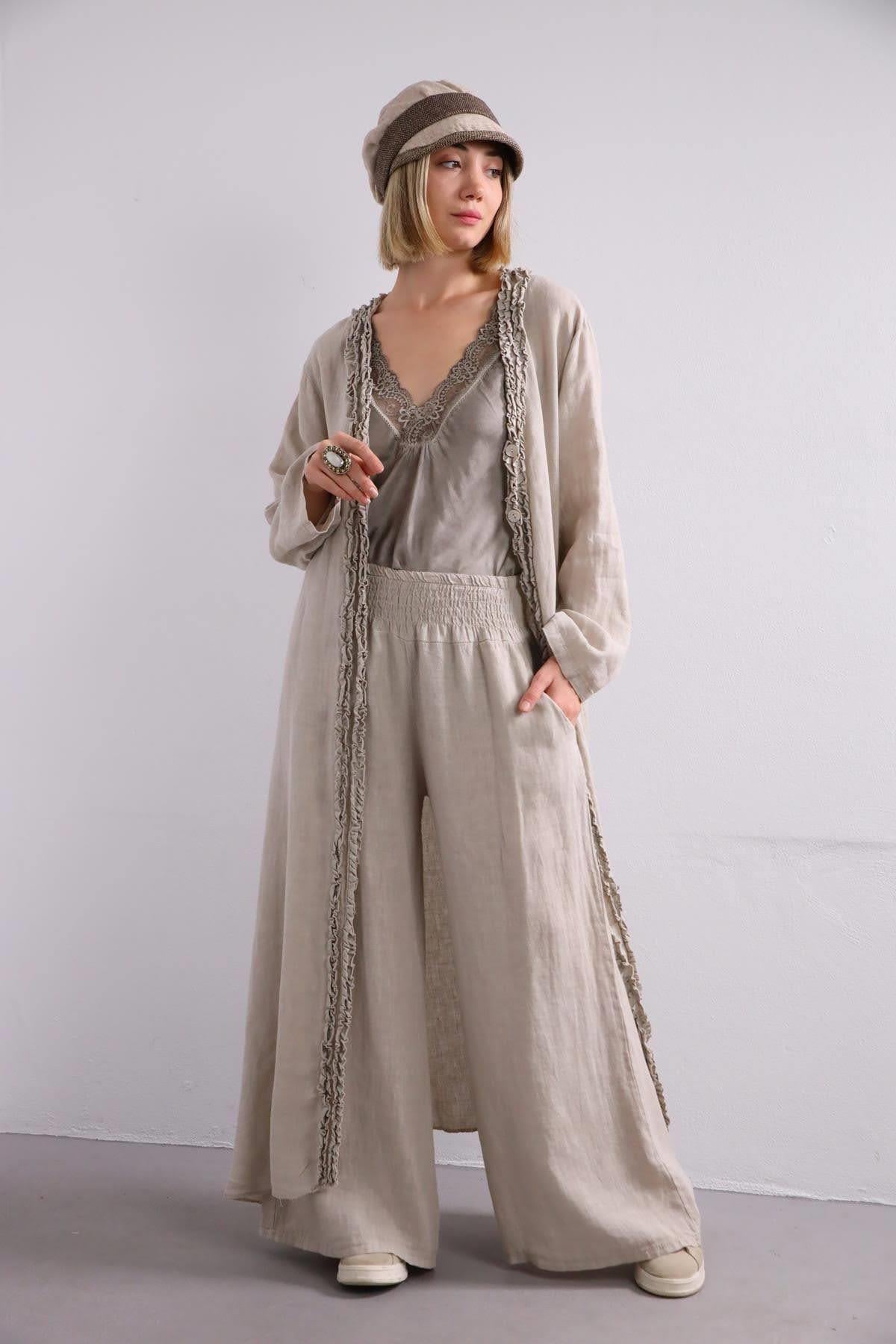 Krem Rengi Beli Lastikli Salaş Keten Pantolon - Şaman Butik Krem Rengi Beli Lastikli Salaş Keten Pantolon