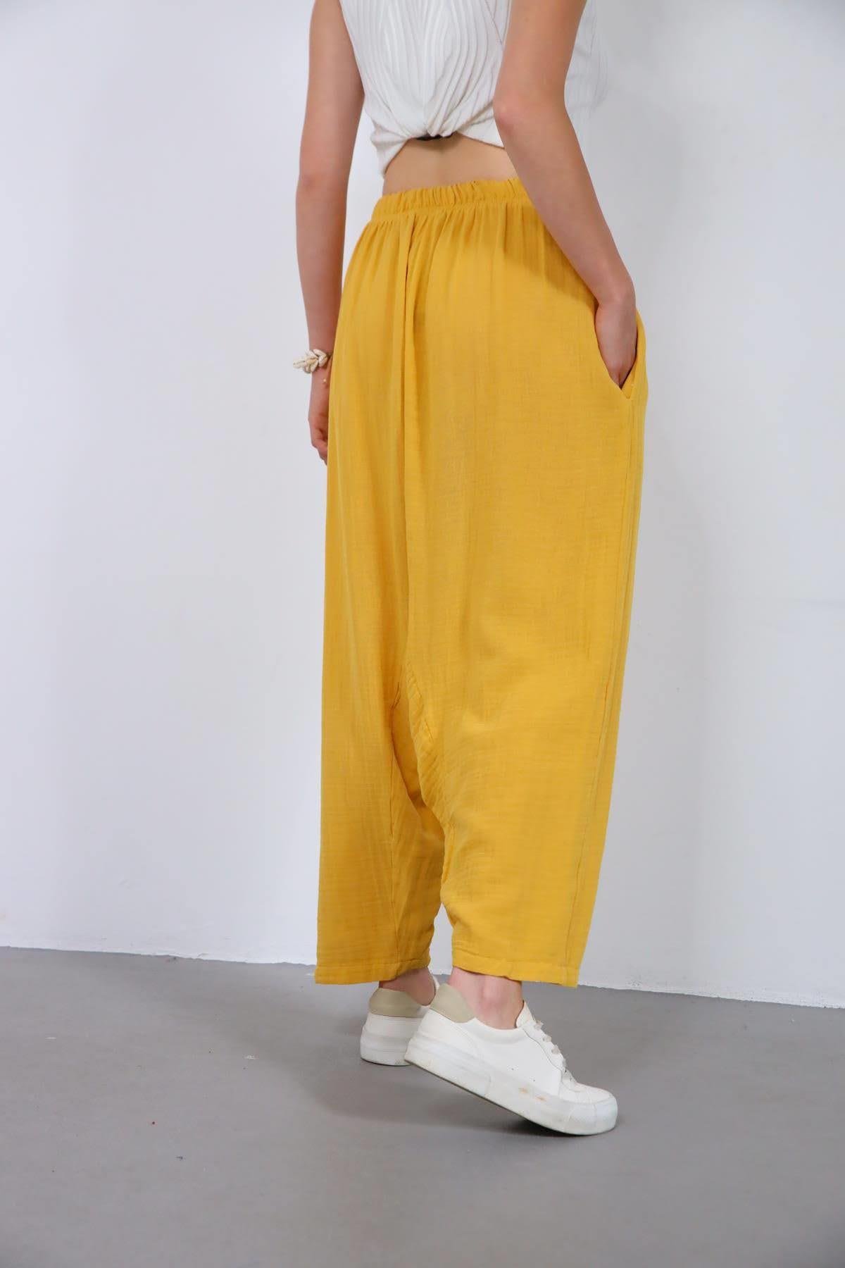  Sarı Beli İpli Müslin Şalvar