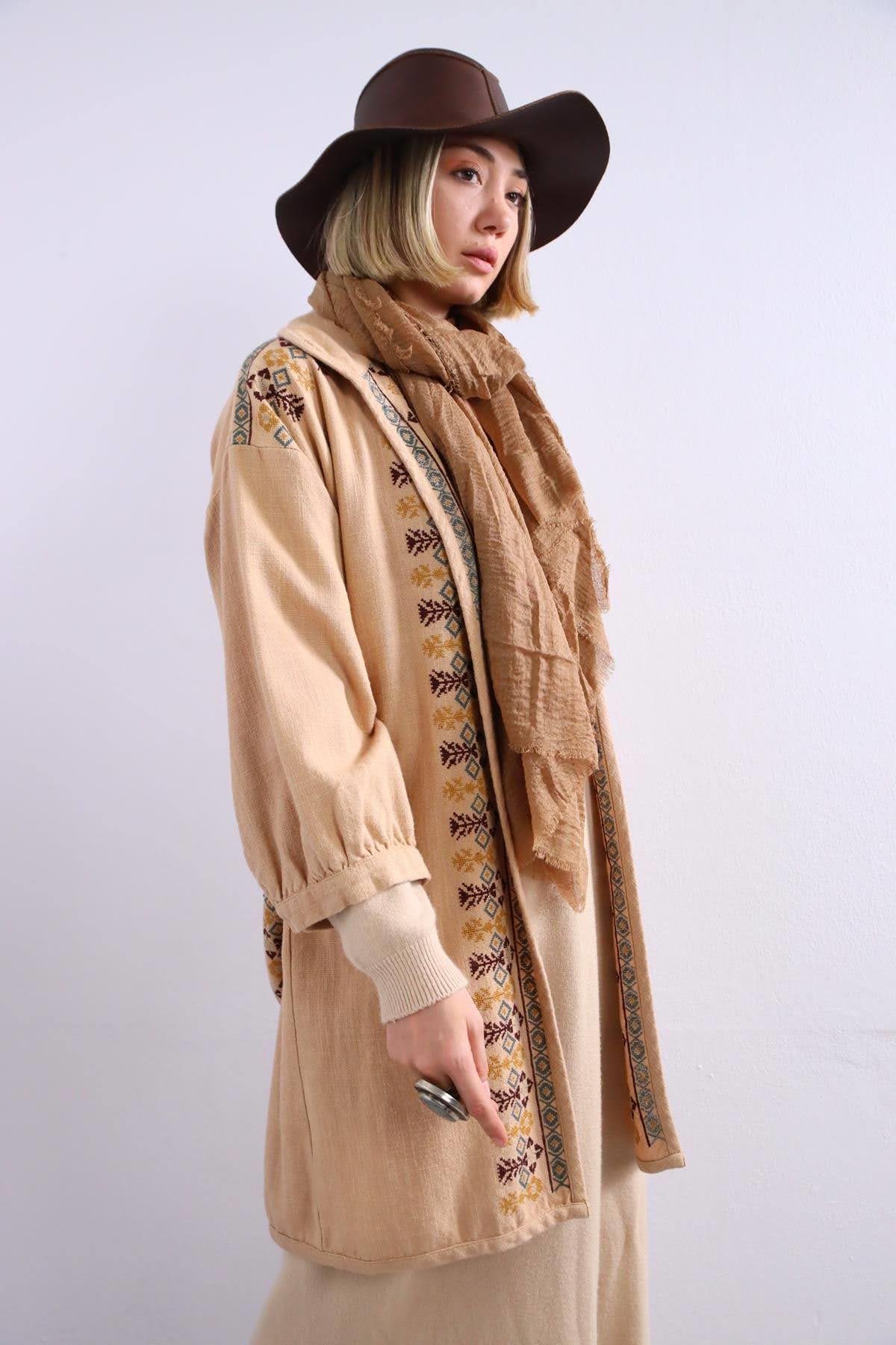  Camel Rengi Etnik Desenli Bohem Ceket