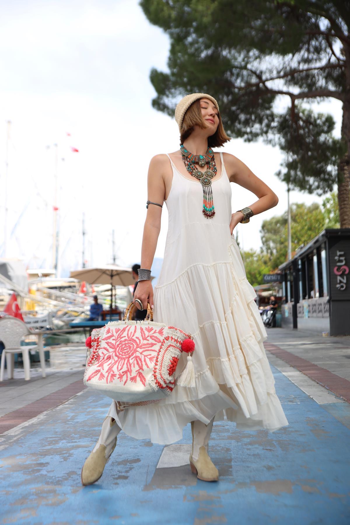 Krem Rengi Karmen Elbise - Şaman Butik - Bohem Giyim ve Aksesuar | Kadın & Erkek Krem Rengi Karmen Elbise