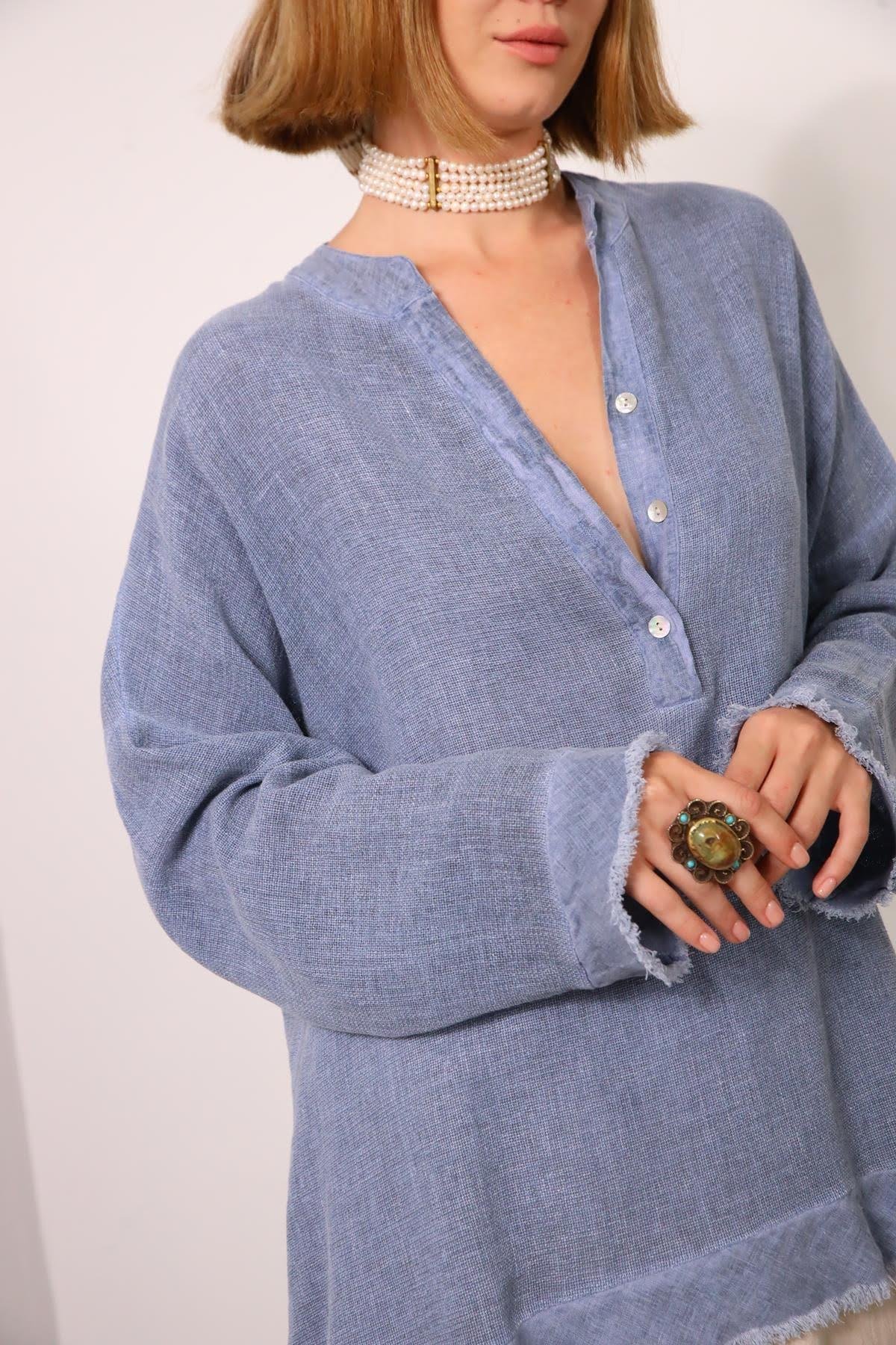 İndigo Mavi Püsküllü Keten Detaylı Hakim Yaka Tunik - Şaman Butik İndigo Mavi Püsküllü Keten Detaylı Hakim Yaka Tunik