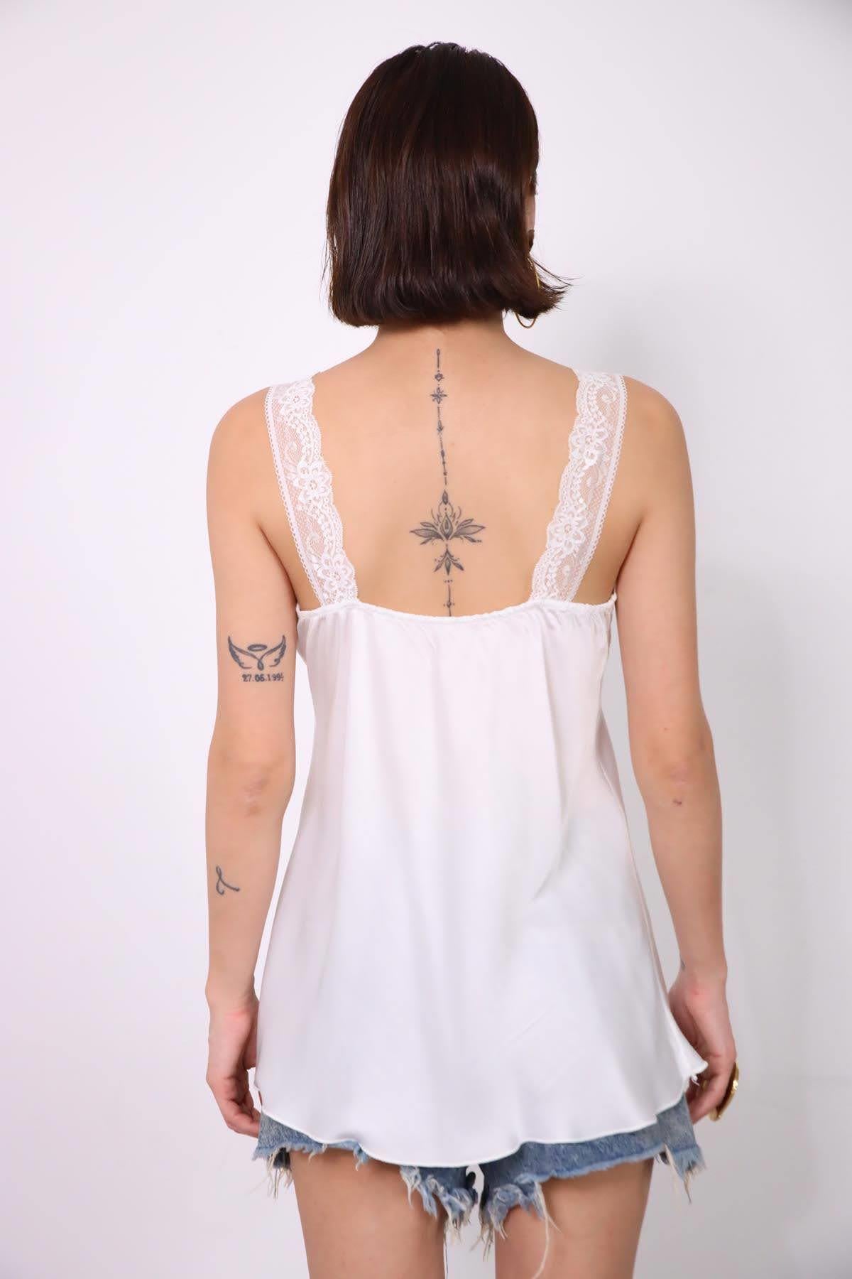 White Lace Embroidered Silk Tank Top - Şaman Butik | Boho Fashion White Lace Embroidered Silk Tank Top