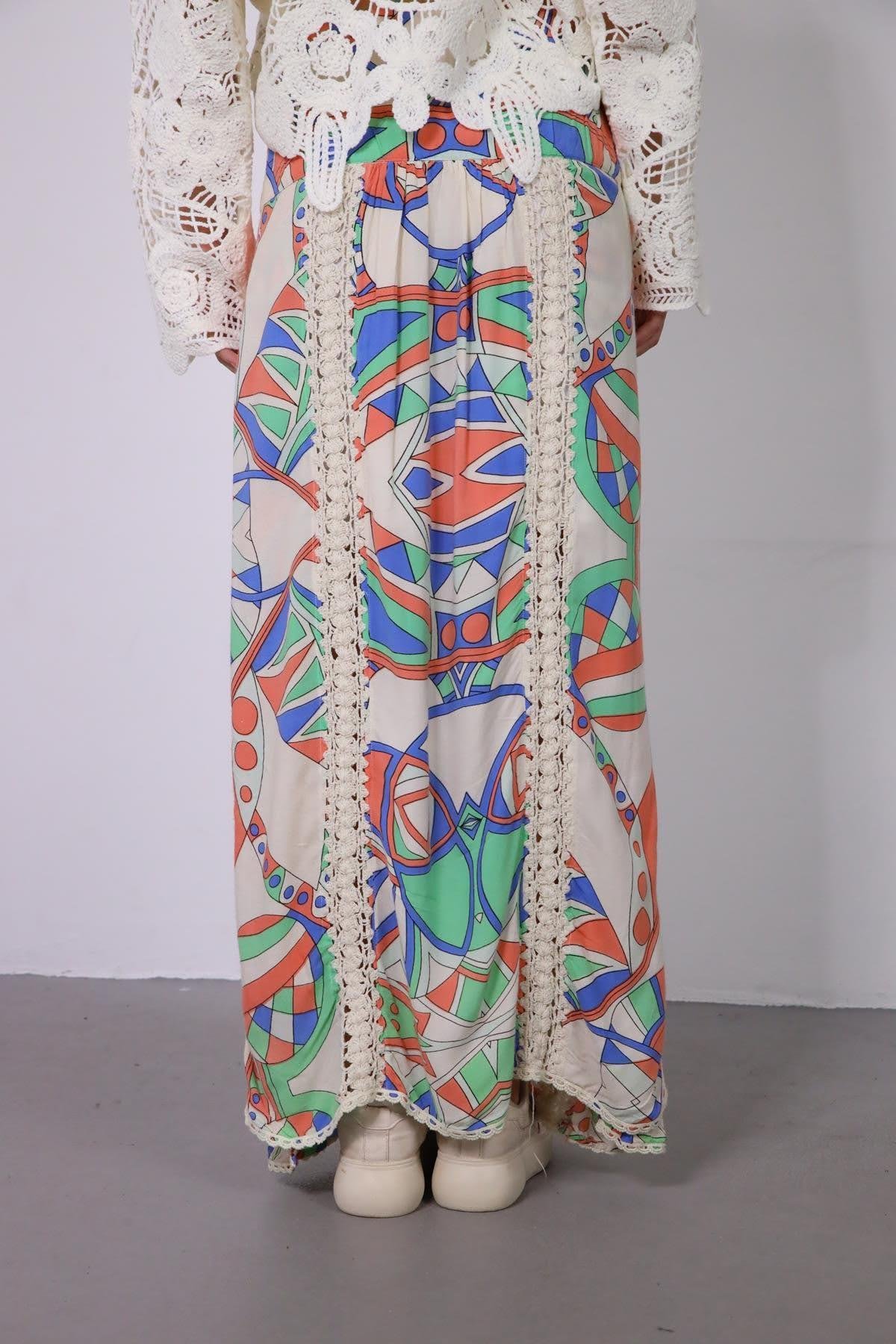 Beige Colorful Patterned Stitch Detailed Skirt - Şaman Butik | Shop Online Beige Colorful Patterned Stitch Detailed Skirt