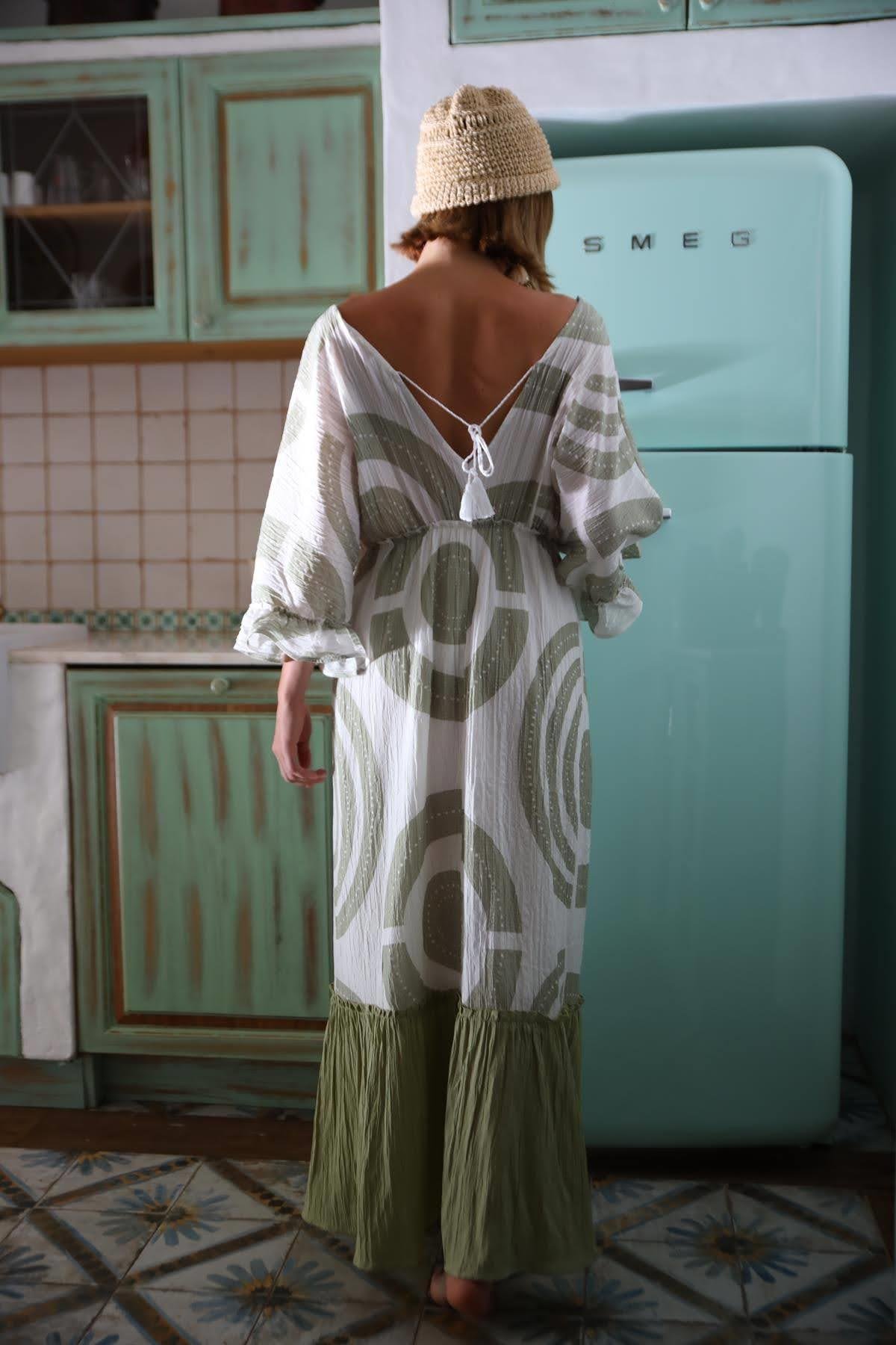  Mint Yeşili Desenli Volanlı Gofre Elbise