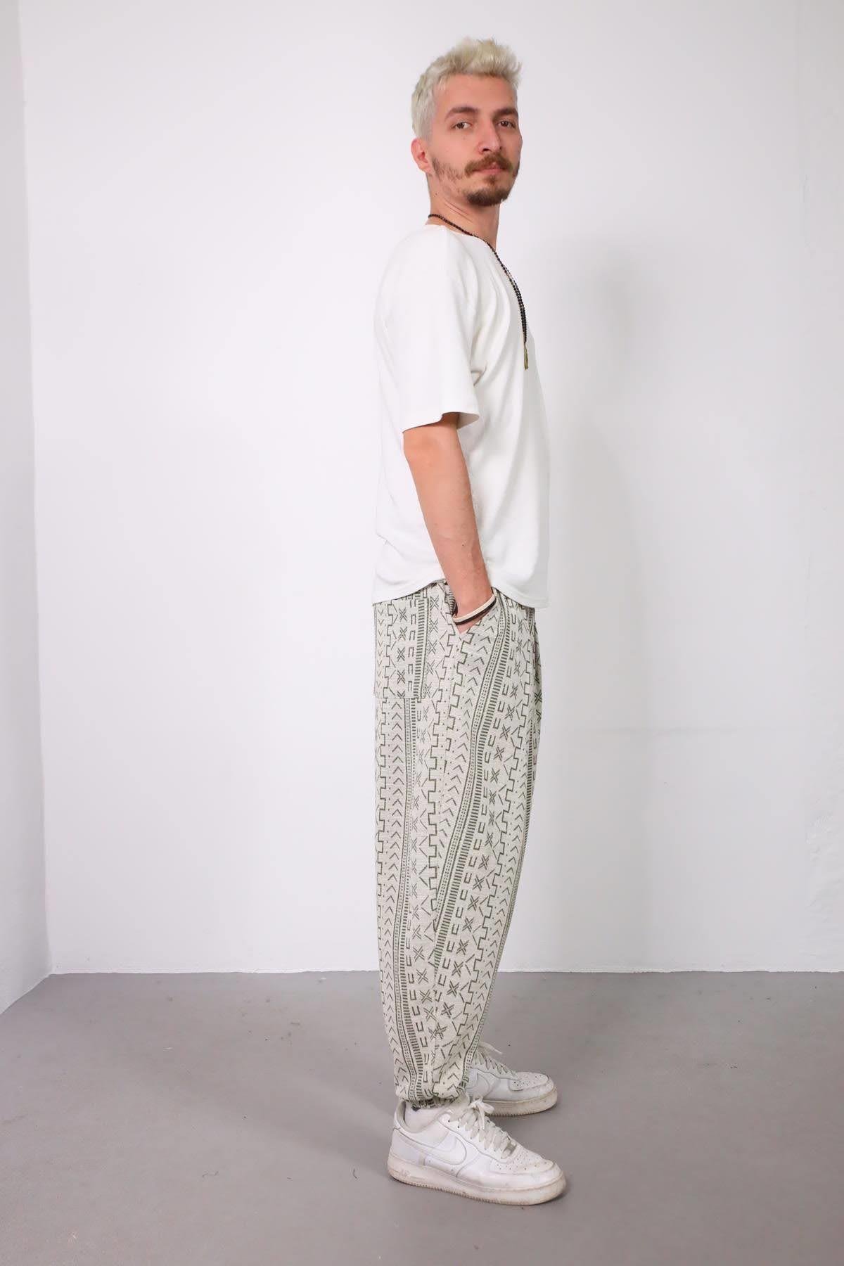  Taş Rengi Paçası Lastikli Desenli Erkek Pantolon