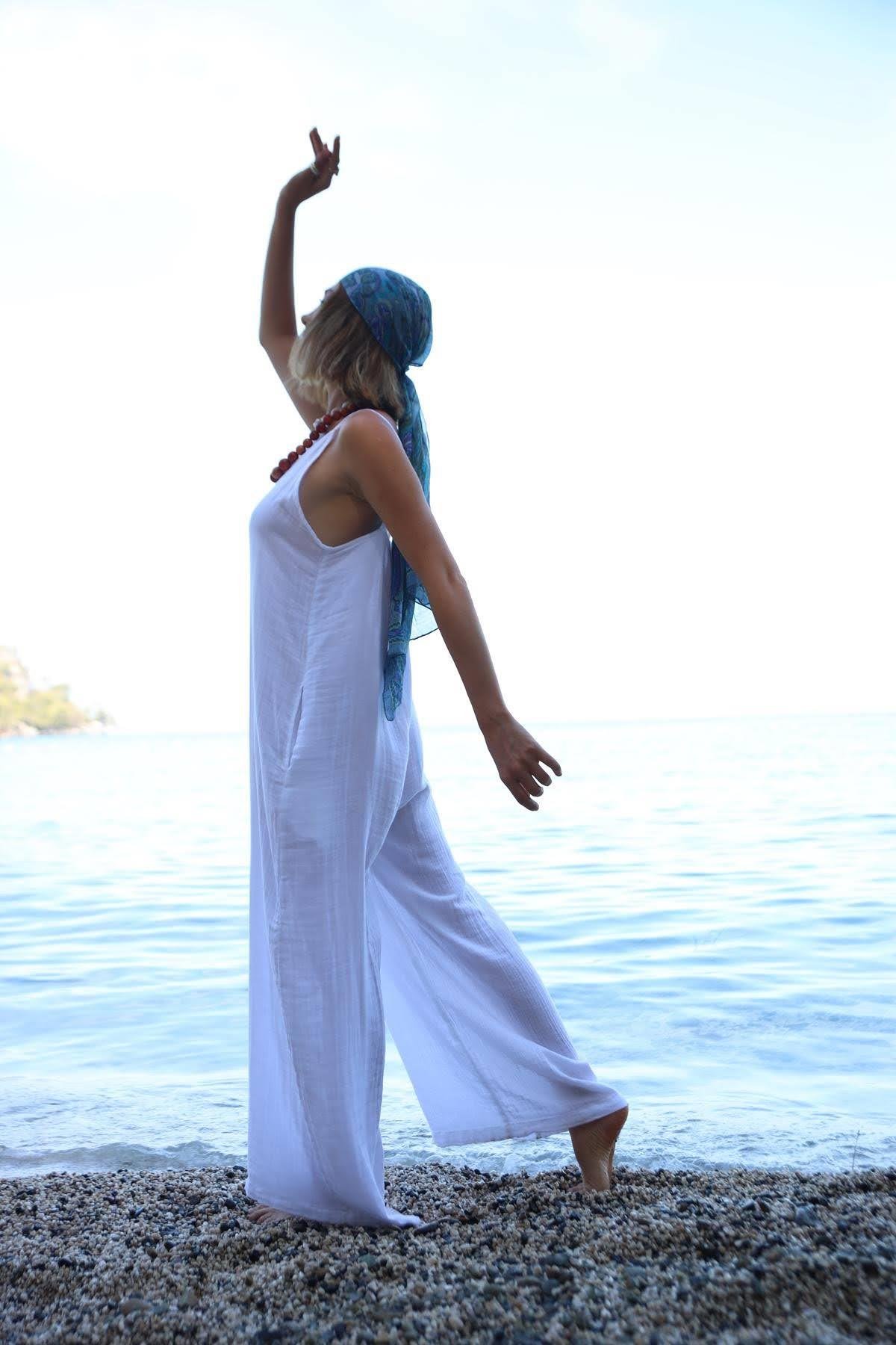  Beyaz Askılı Salaş Müslin Tulum