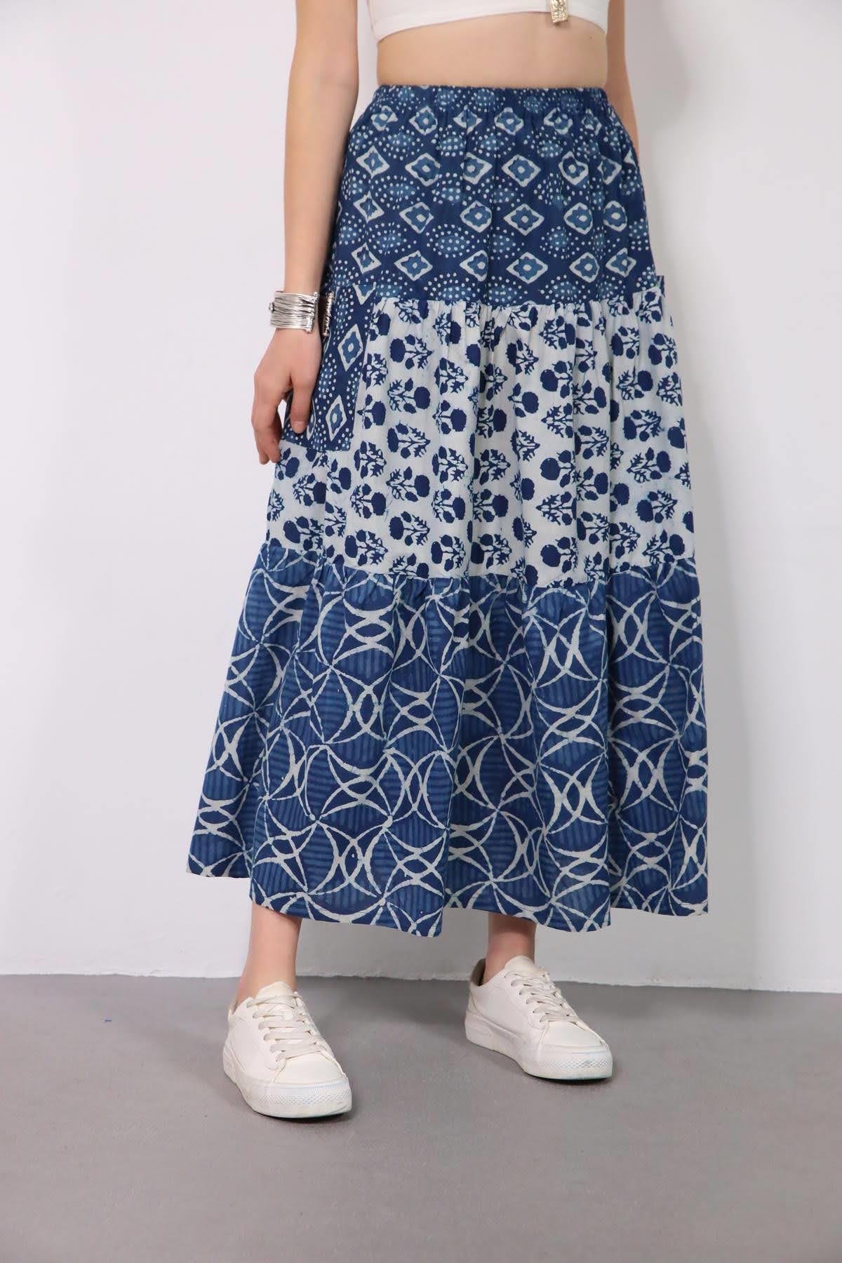 Mavi Cepli Otantik Parçalı Etek - Şaman Butik Mavi Cepli Otantik Parçalı Etek