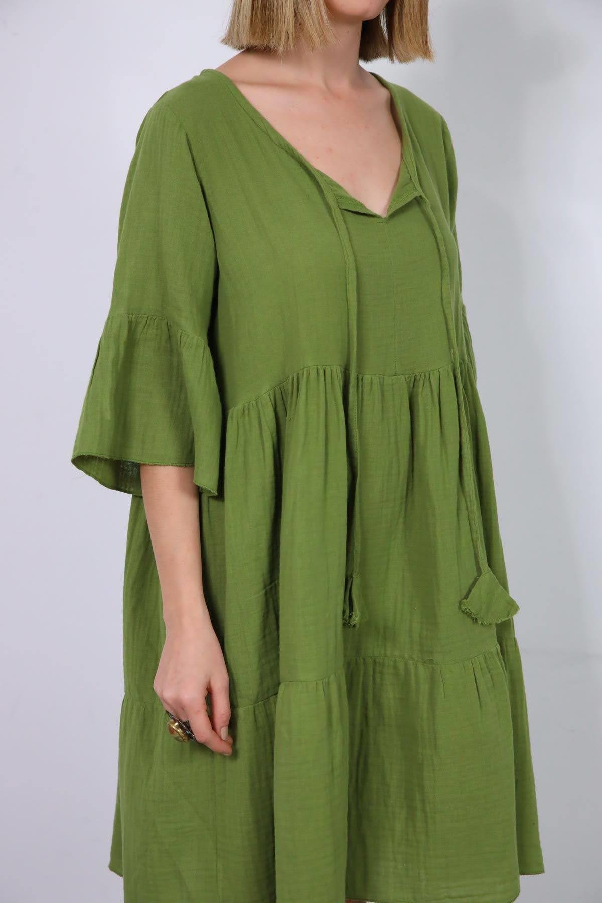  Yeşil Yakası İp Detaylı Müslin Elbise