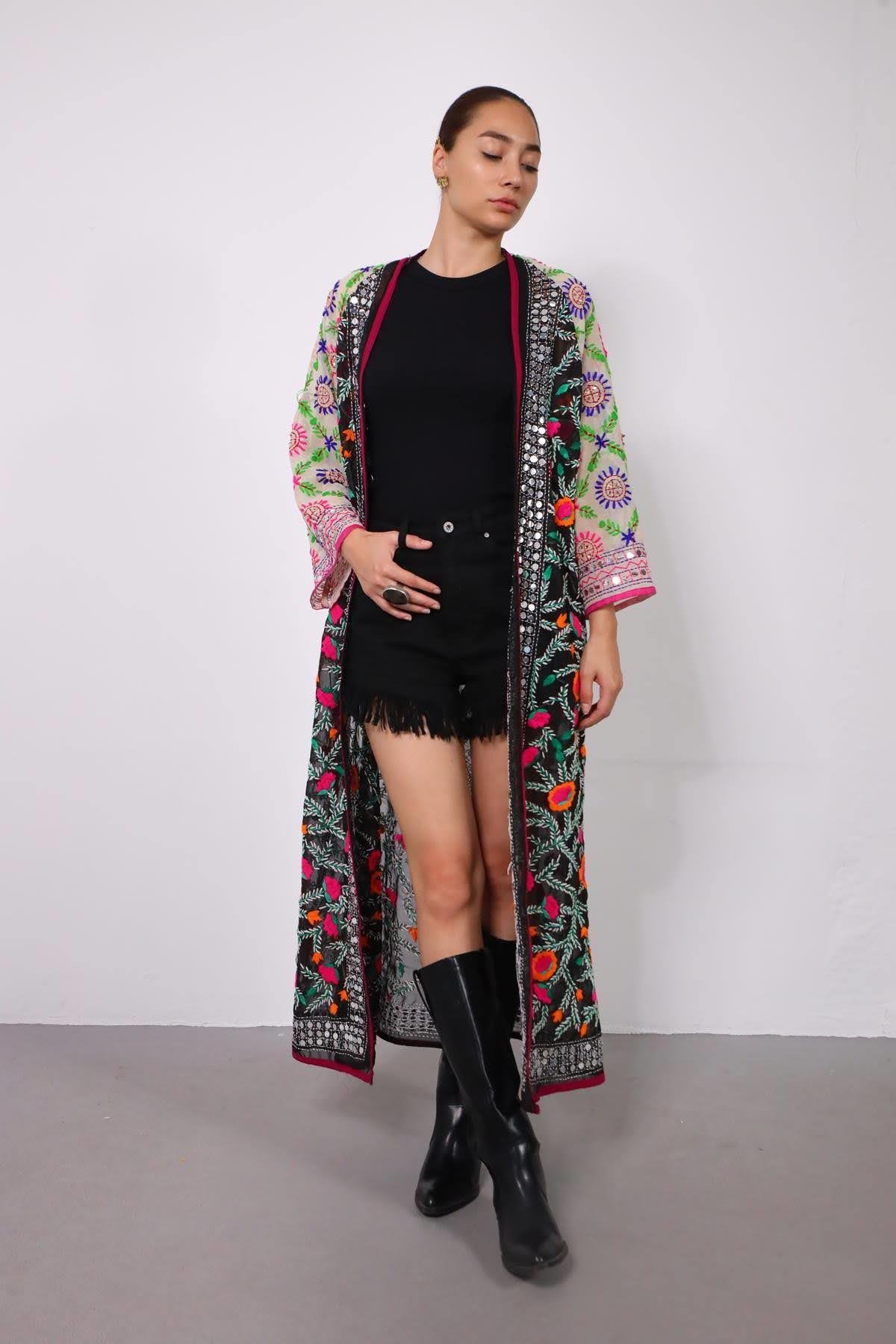 Ekru İşlemeli Bohem Uzun Kaftan - Şaman Butik Ekru İşlemeli Bohem Uzun Kaftan