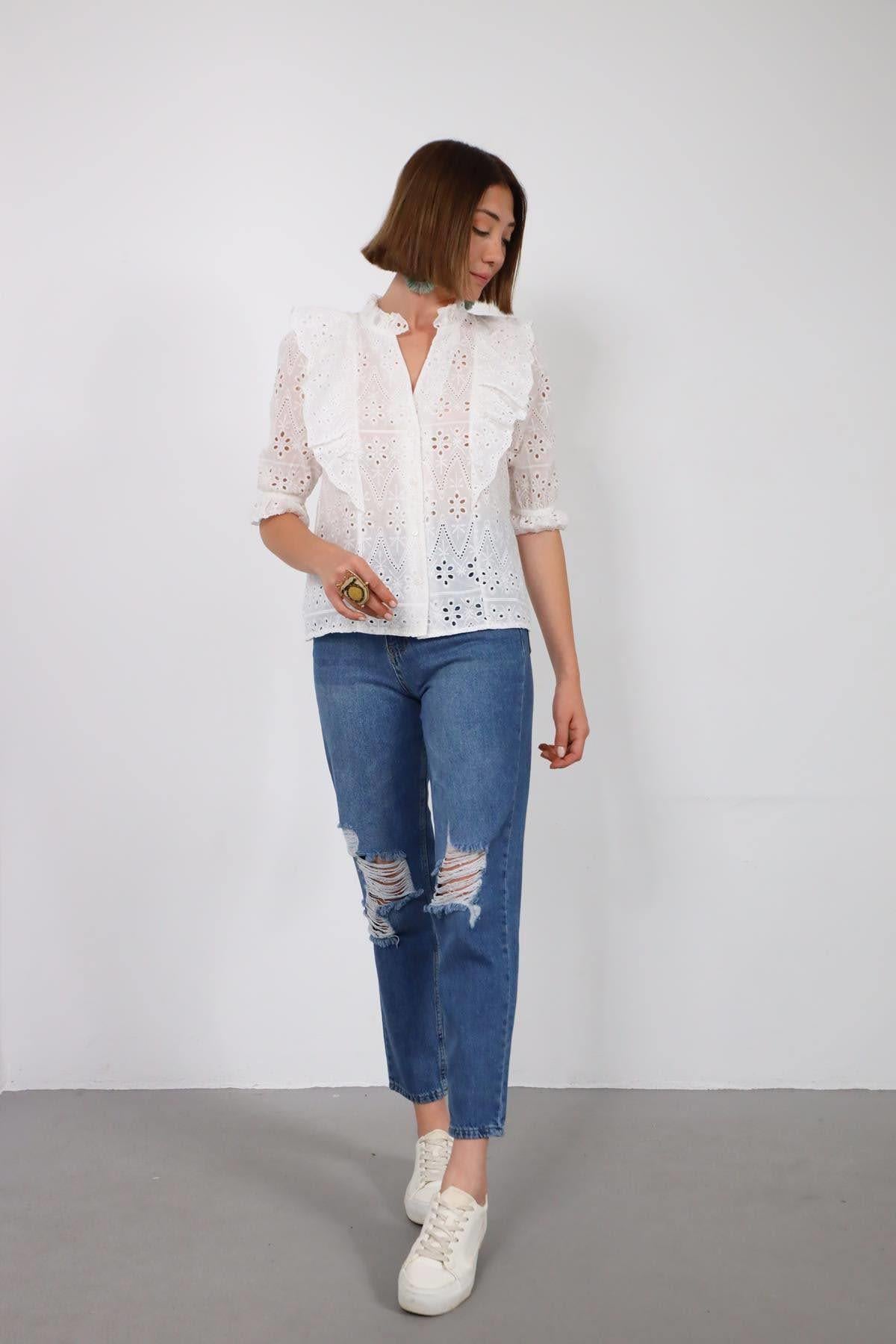 Beyaz Yakası Fırfırlı Kolları Lastikli Fisto Gömlek - Şaman Butik Beyaz Yakası Fırfırlı Kolları Lastikli Fisto Gömlek