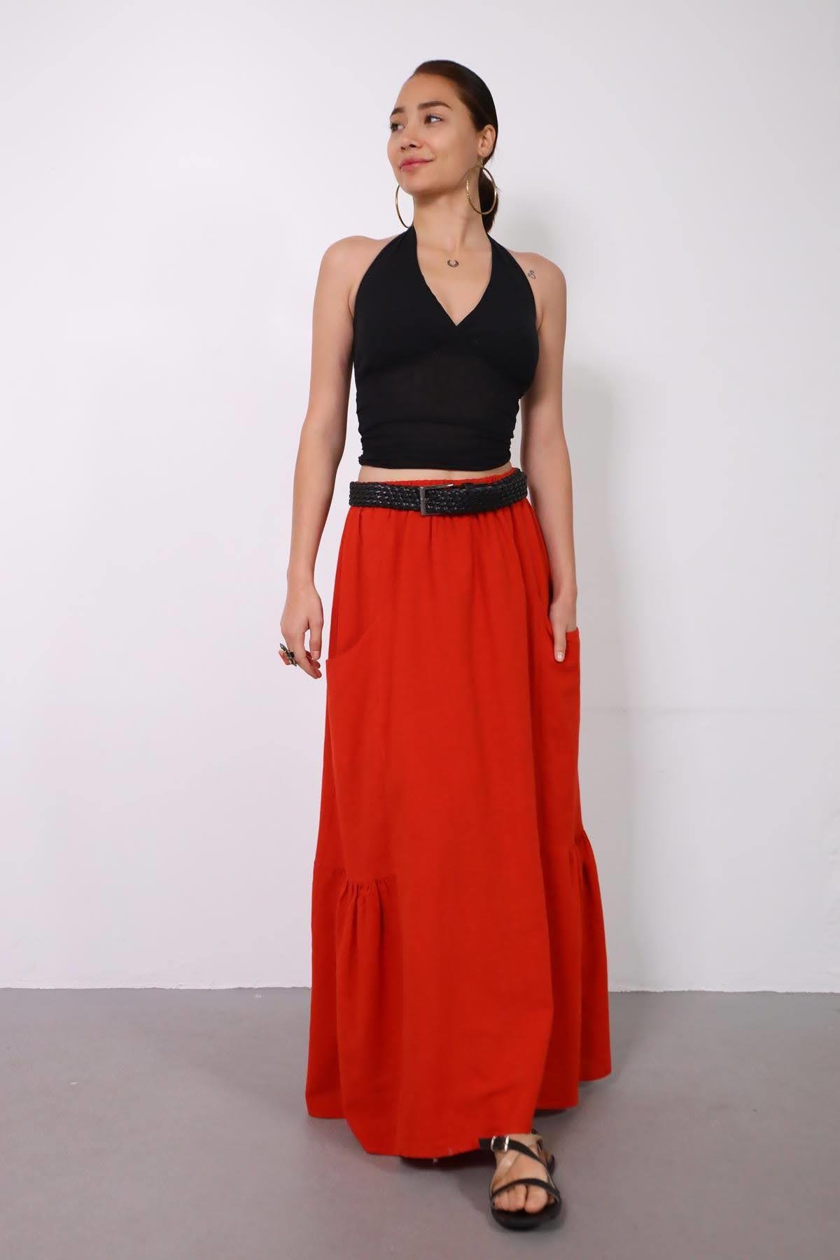  Kırmızı Keten Cepli Pileli Etek