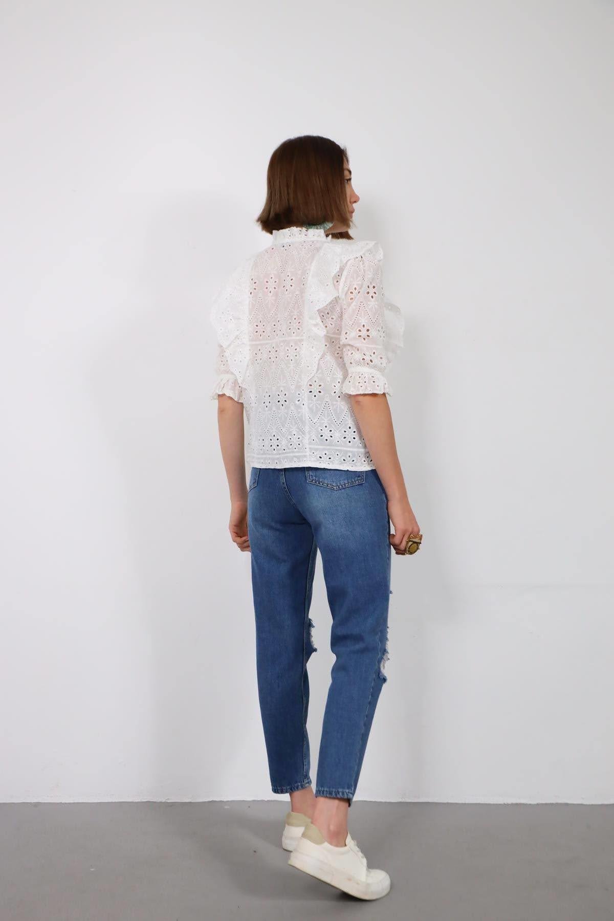 Beyaz Yakası Fırfırlı Kolları Lastikli Fisto Gömlek - Şaman Butik Beyaz Yakası Fırfırlı Kolları Lastikli Fisto Gömlek
