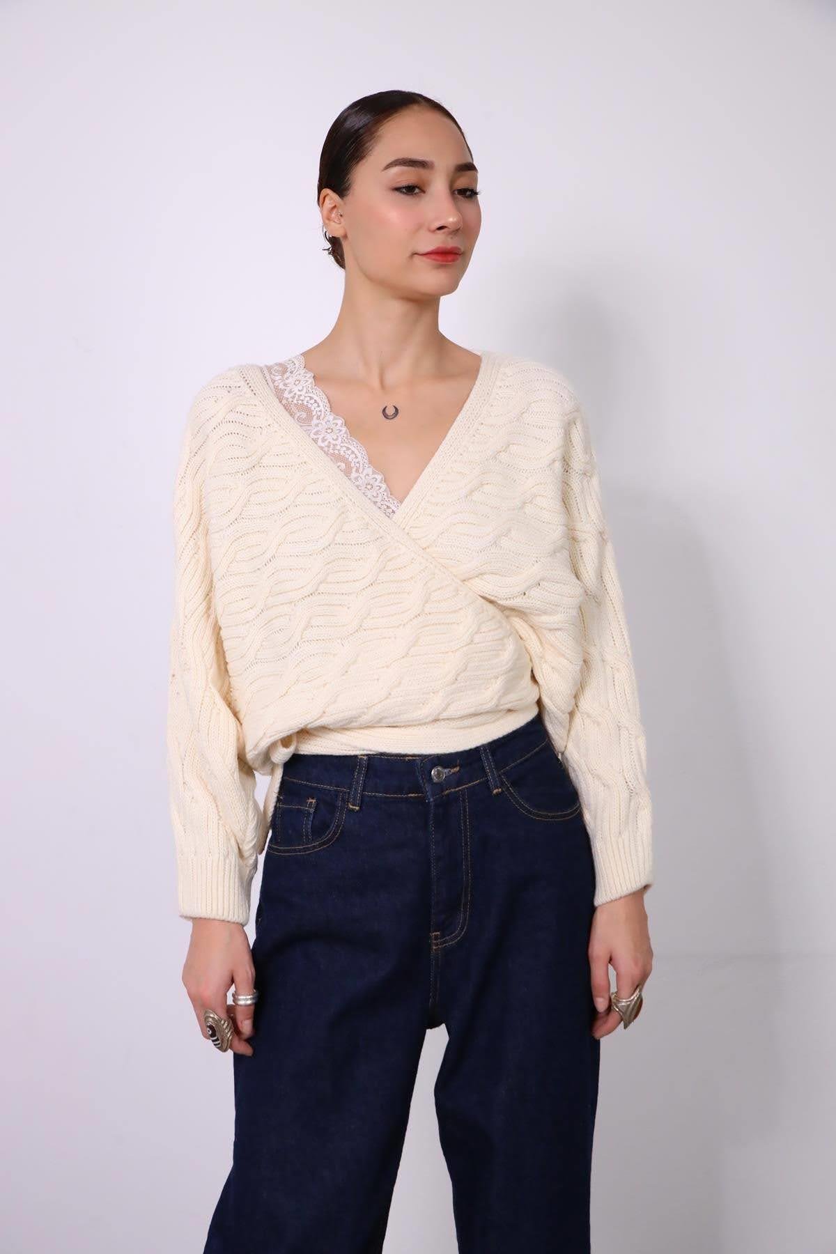 Cream Tie Side Knitwear Cardigan - Saman Butik | Shop Online Cream Tie Side Knitwear Cardigan