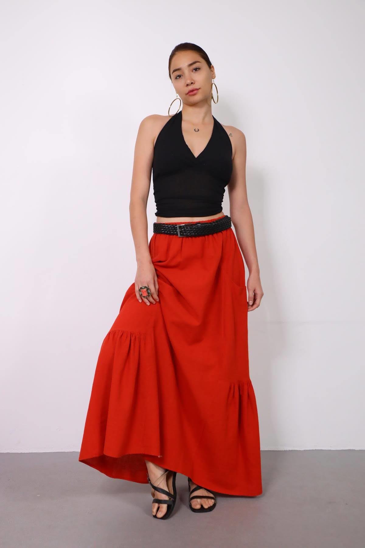  Kırmızı Keten Cepli Pileli Etek