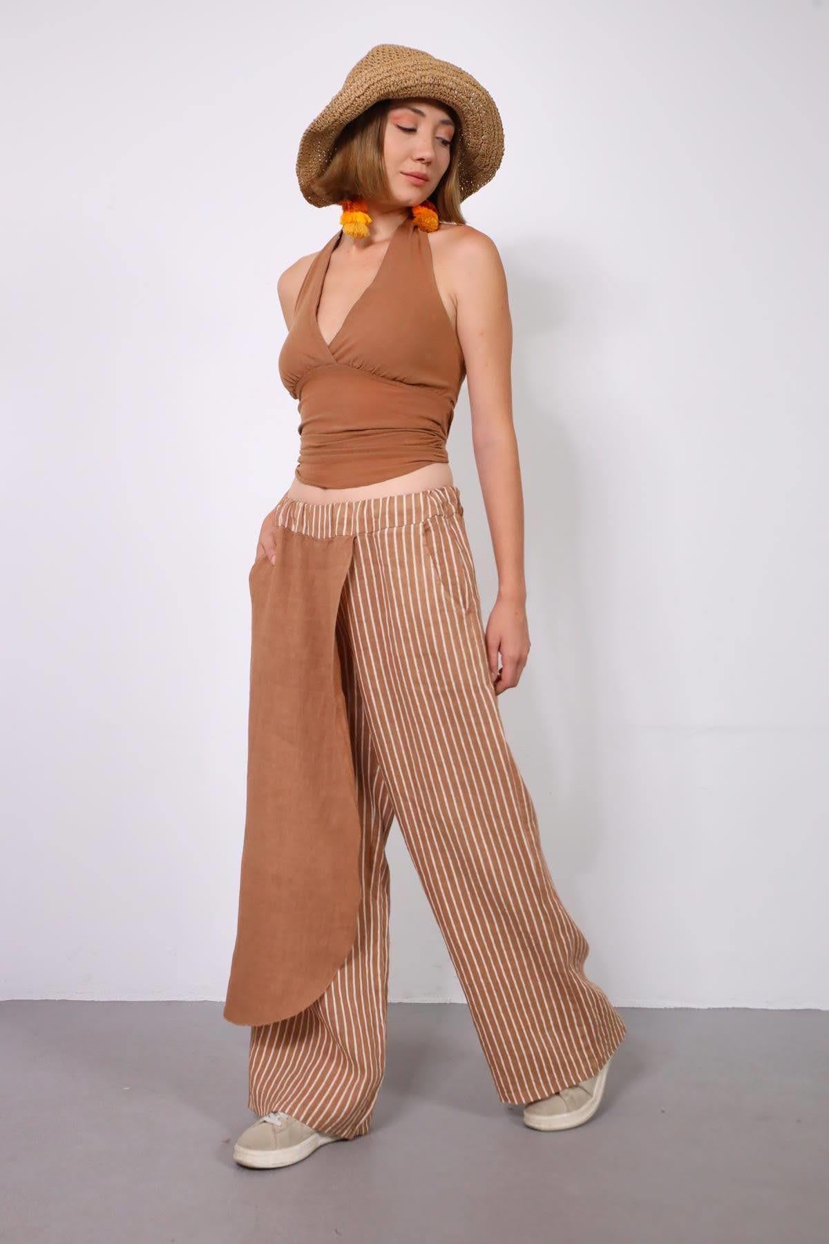 Tarçın Rengi Parça Detaylı Çizgili Keten Pantolon - Şaman Butik Tarçın Rengi Parça Detaylı Çizgili Keten Pantolon