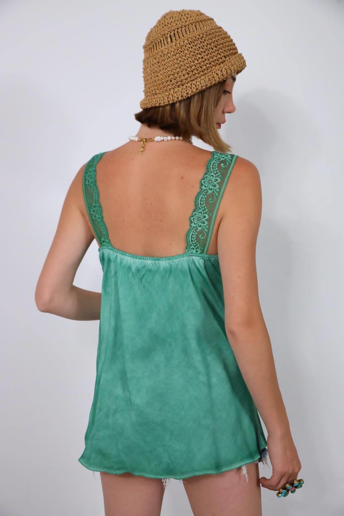 Green Lace Embroidered Silk Tank Top Green Lace Embroidered Silk Tank Top