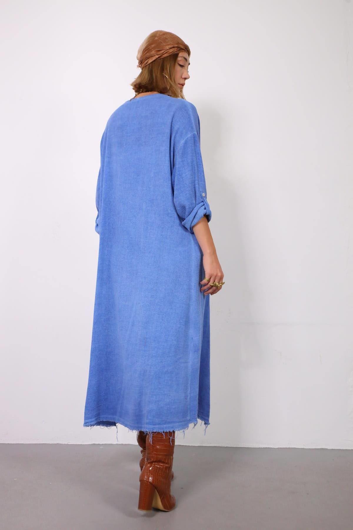  Mavi Saçak Detay Düz Kesim Kaftan