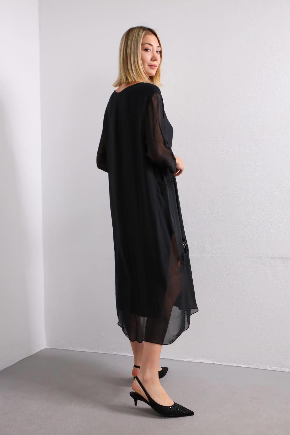 Siyah Güpür Şerit Salaş İpek Elbise - Şaman Butik Siyah Güpür Şerit Salaş İpek Elbise