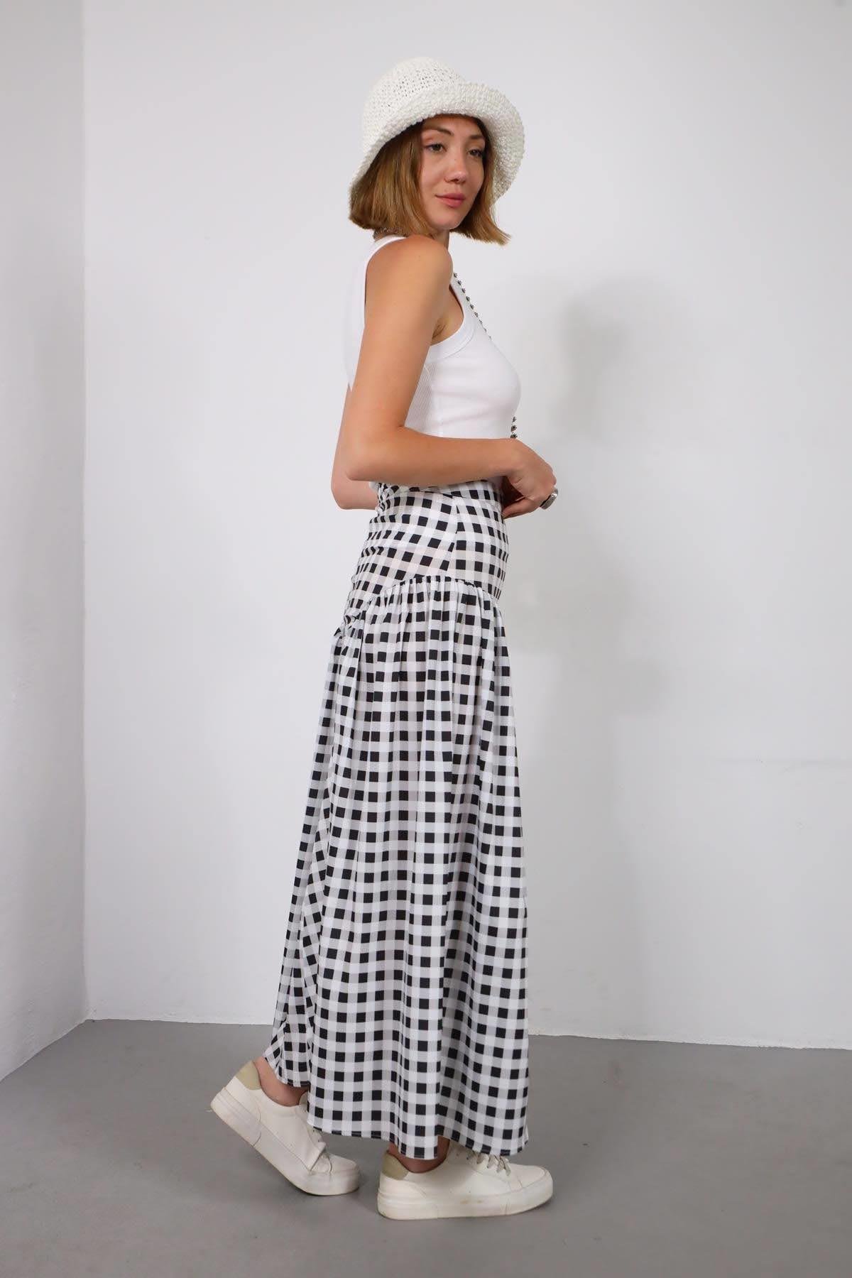  Siyah Büzgülü Ekose Etek