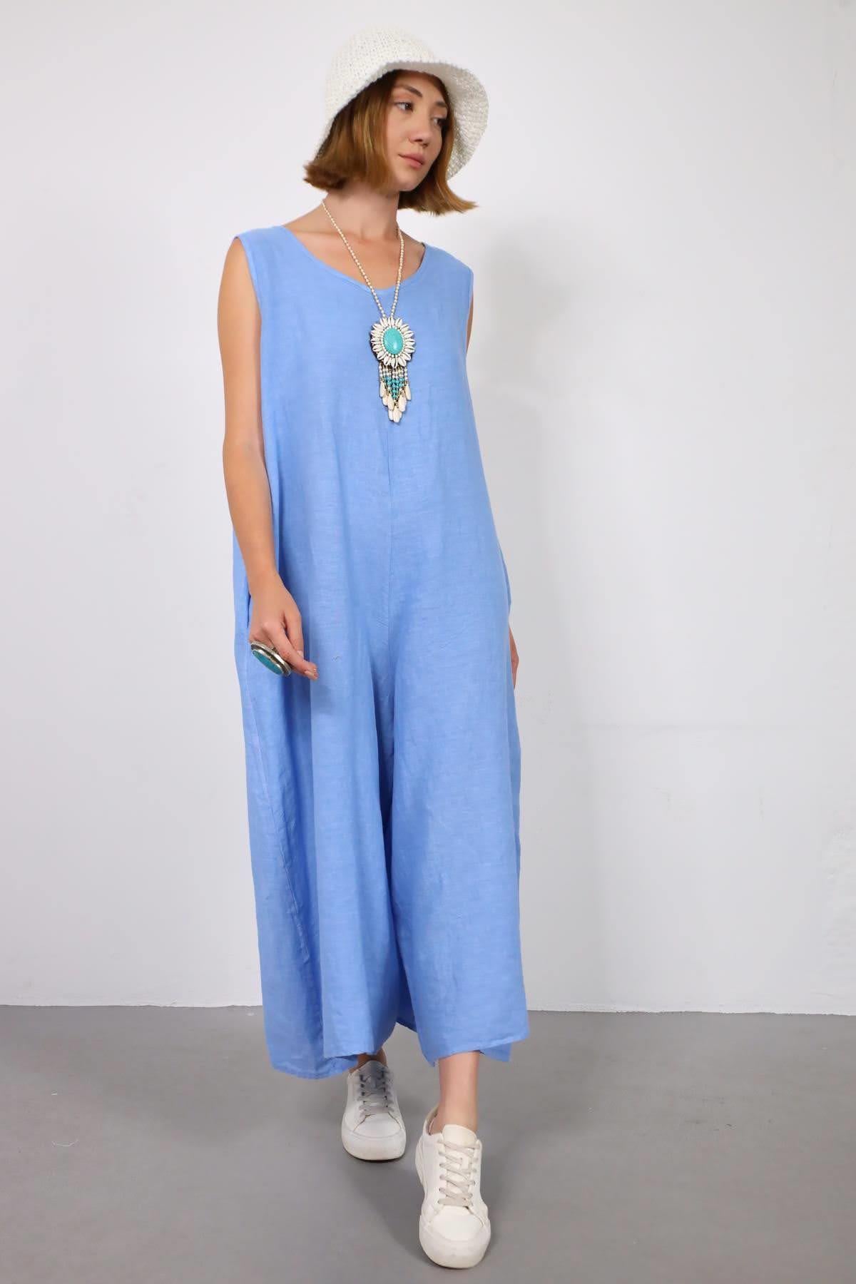 Mavi Sırtı Düğmeli Düşük Ağlı Keten Tulum - Şaman Butik Mavi Sırtı Düğmeli Düşük Ağlı Keten Tulum