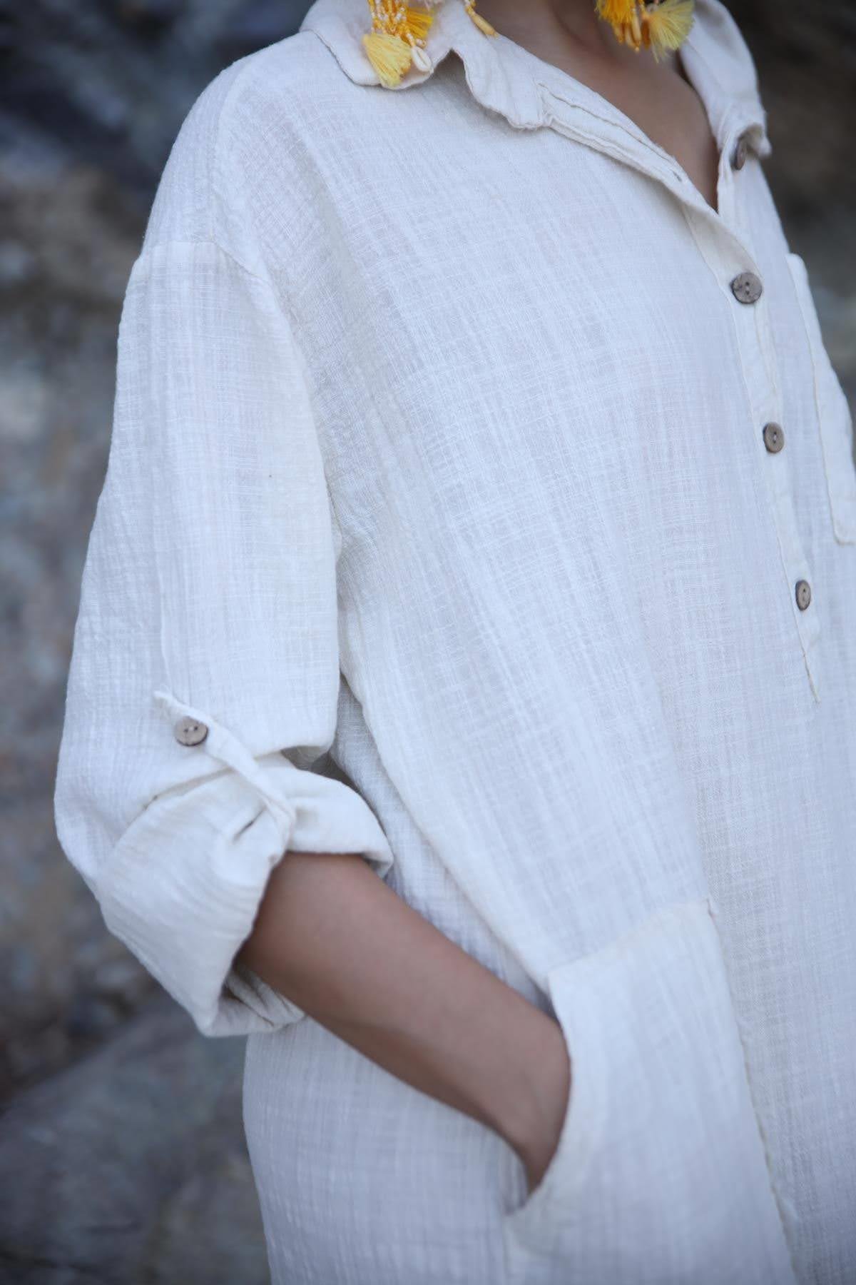 Ekru Gömlek Yaka Dikiş Detaylı Cepli Elbise - Şaman Butik Ekru Gömlek Yaka Dikiş Detaylı Cepli Elbise