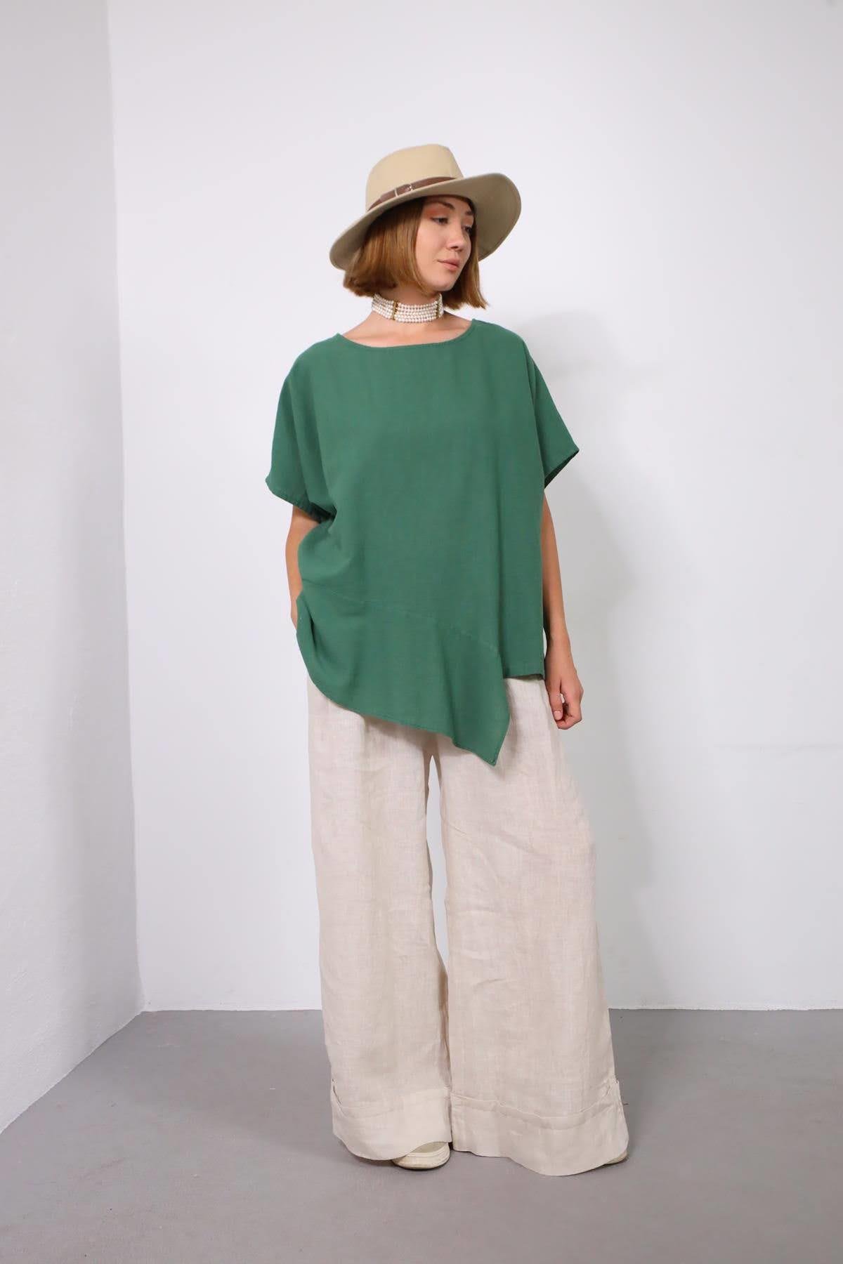 Yeşil Asimetrik Keten Bluz - Şaman Bluz Yeşil Asimetrik Keten Bluz