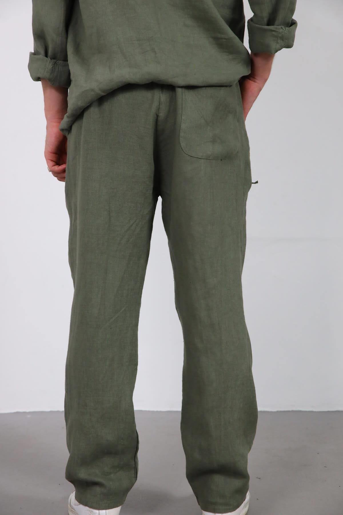 Haki Keten Erkek Pantolon ve Gömlek Takım - Şaman Butik Haki Keten Erkek Pantolon ve Gömlek Takım