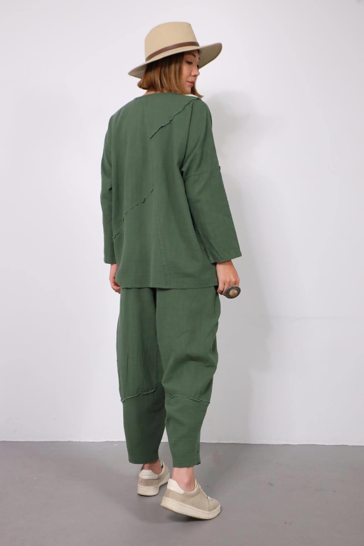  Haki Müslin Parçalı Dikişli Pantolon ve Bluz Takım