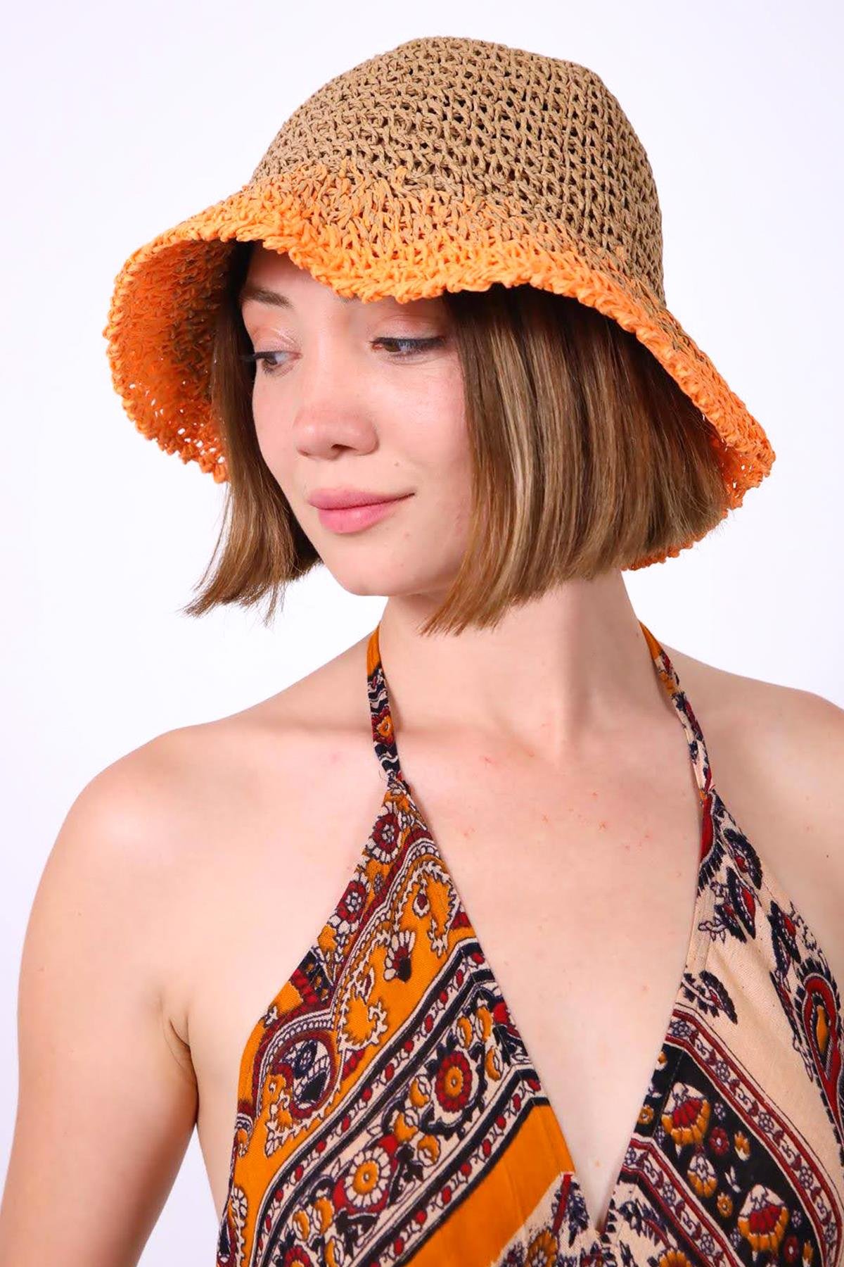  Turuncu Camel Rengi Geçişli El Örgüsü Hasır Şapka