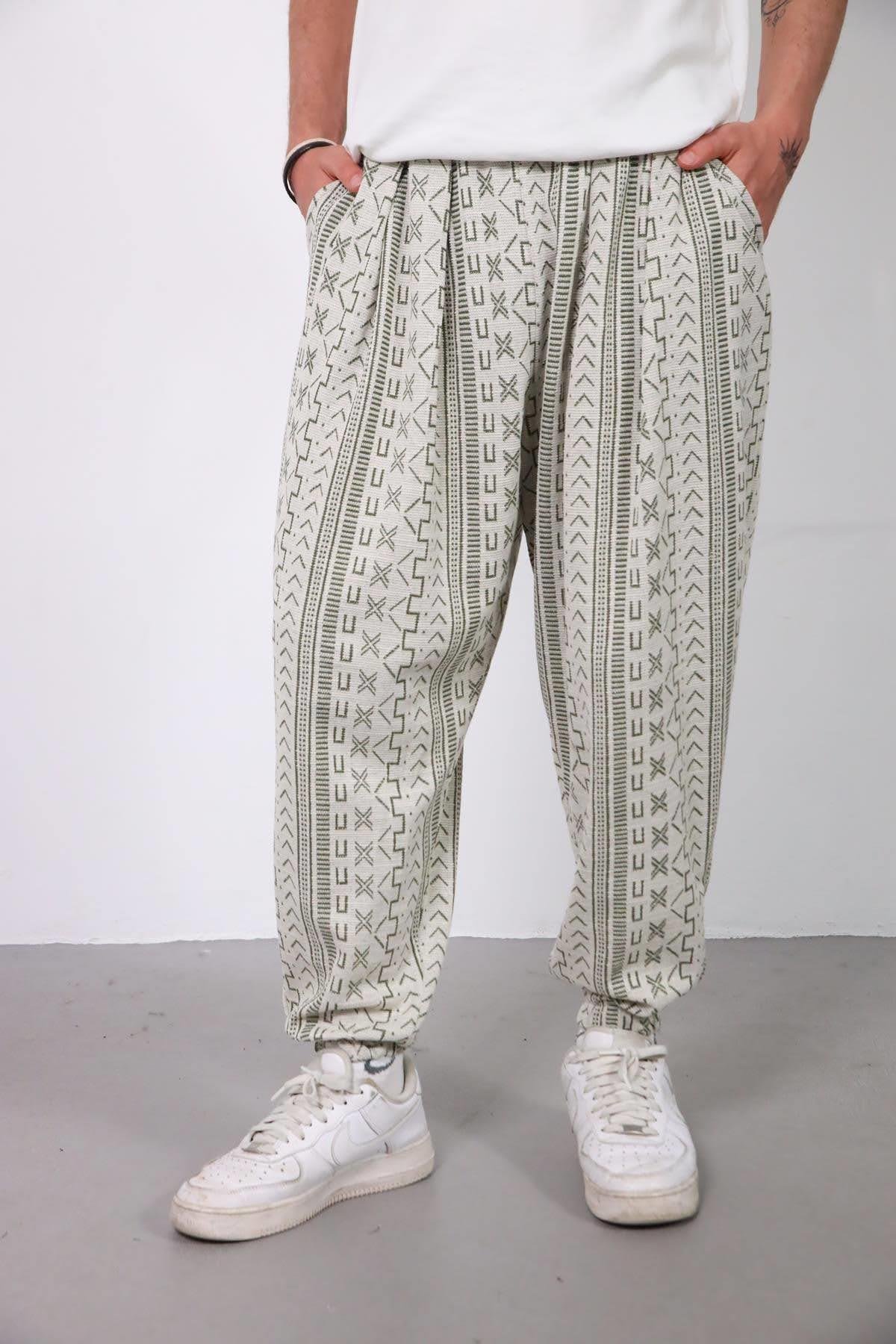  Taş Rengi Paçası Lastikli Desenli Erkek Pantolon