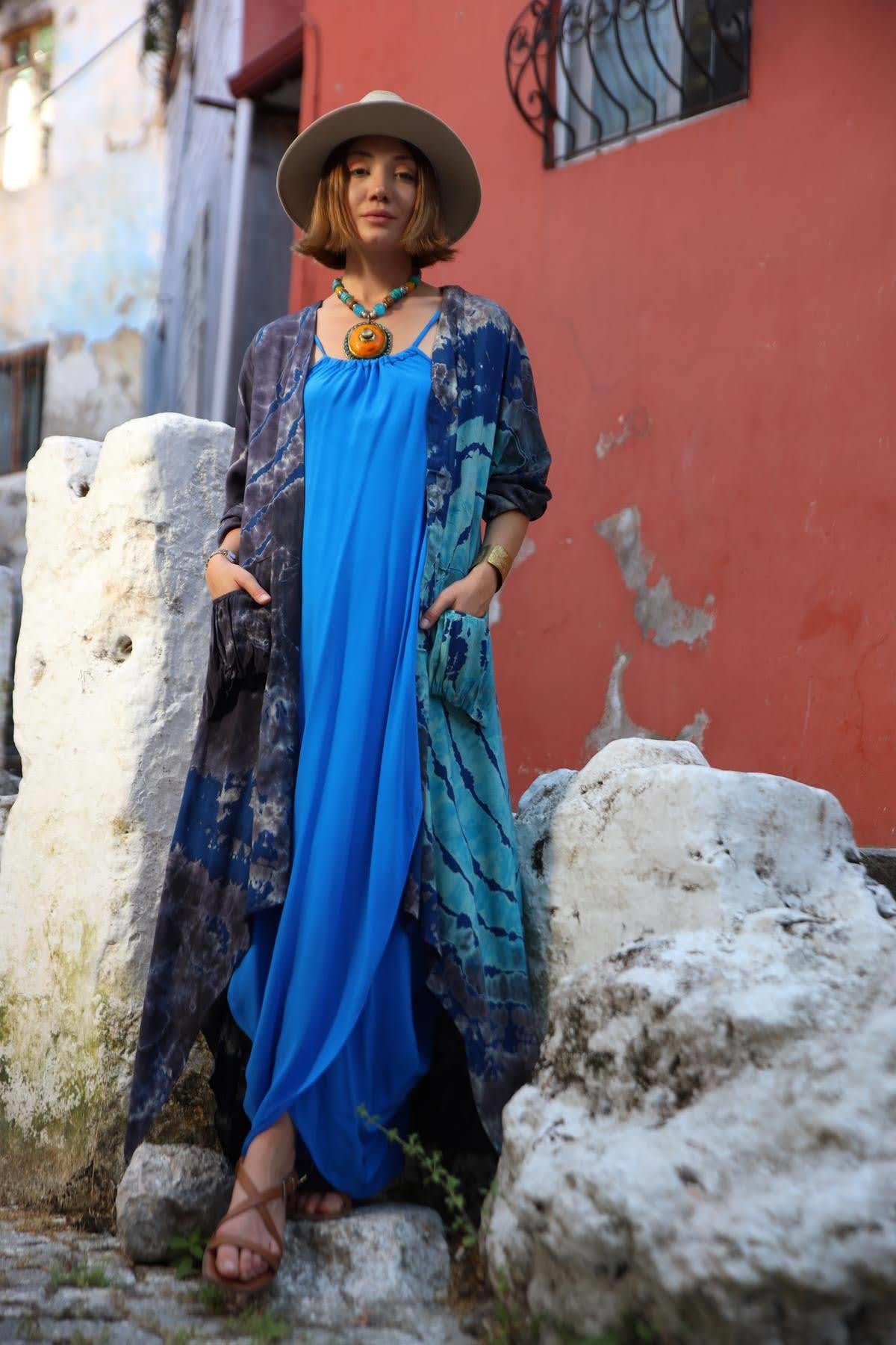 Turqouise Tie Dye Pattern Pocket Design Caftan - Saman Butik | Shop Online Turqouise Tie Dye Pattern Pocket Design Caftan 