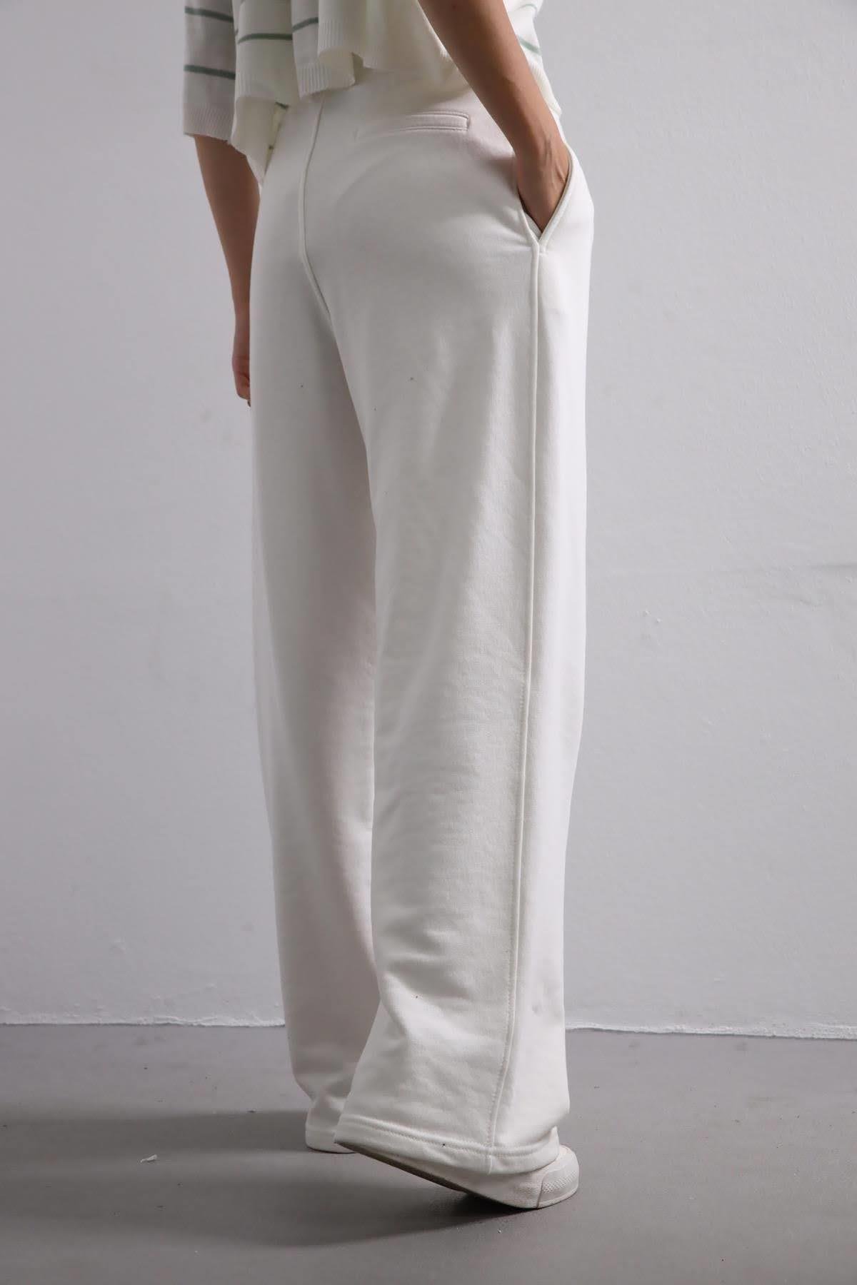 Ekru Bol Paça Rahat Pantolon - Şaman Butik Ekru Bol Paça Rahat Pantolon