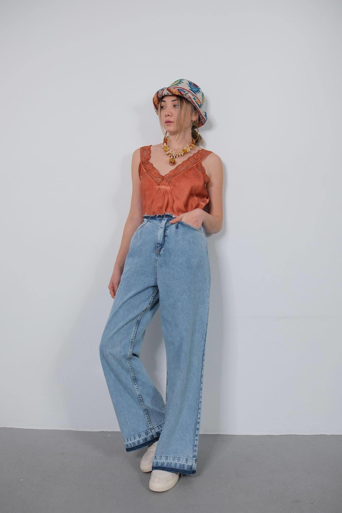 Mavi Belden Pis Dikişli Kot Pantolon - Şaman Butik Mavi Belden Pis Dikişli Kot Pantolon