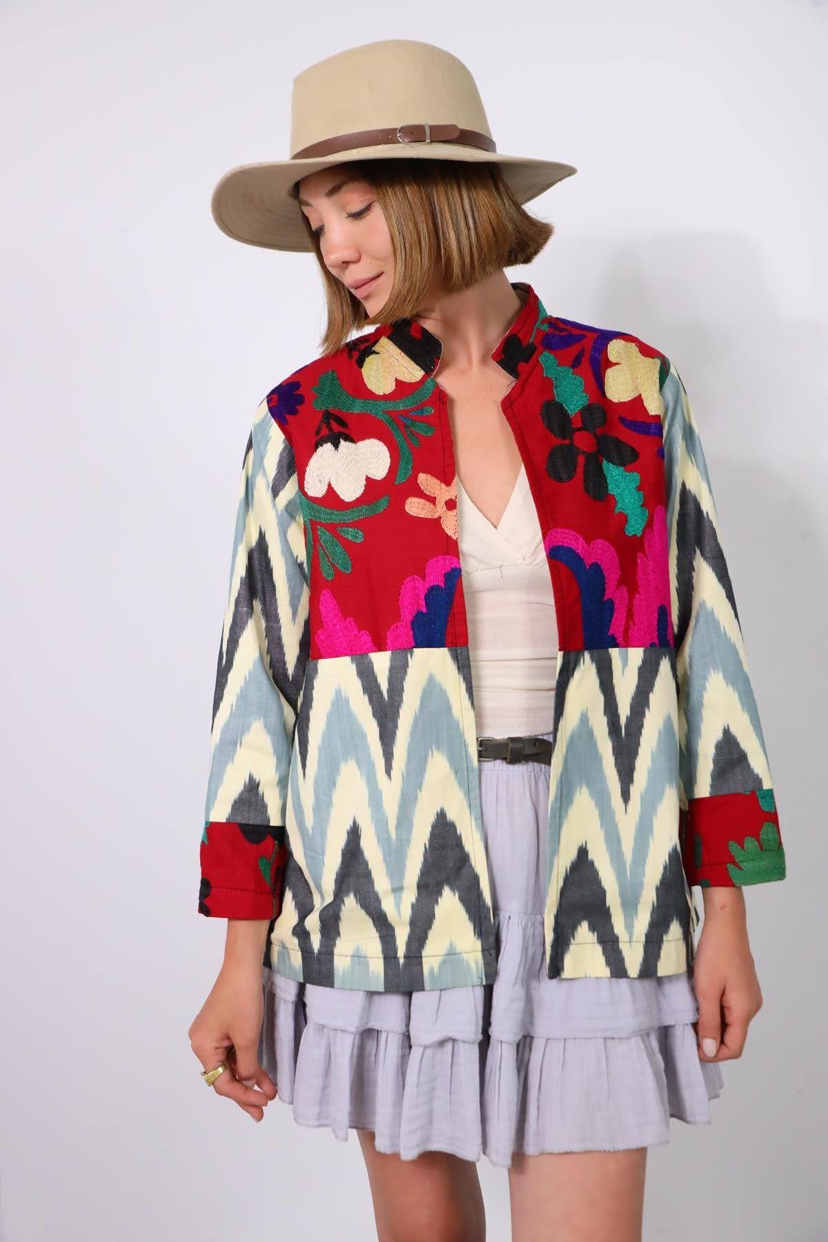 İndigo Mavi Suzani Kısa Kaftan - Şaman Butik İndigo Mavi Suzani Kısa Kaftan