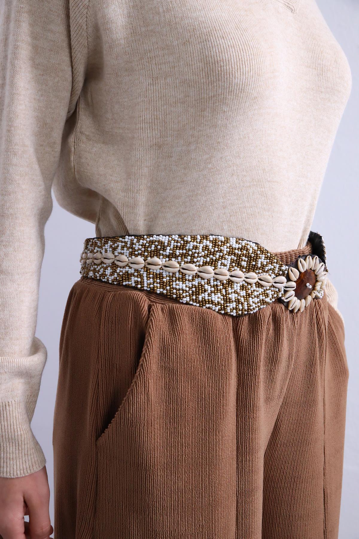 Kahverengi Deniz Kabuğu İşlemeli Kemer - Şaman Butik Kahverengi Deniz Kabuğu İşlemeli Kemer