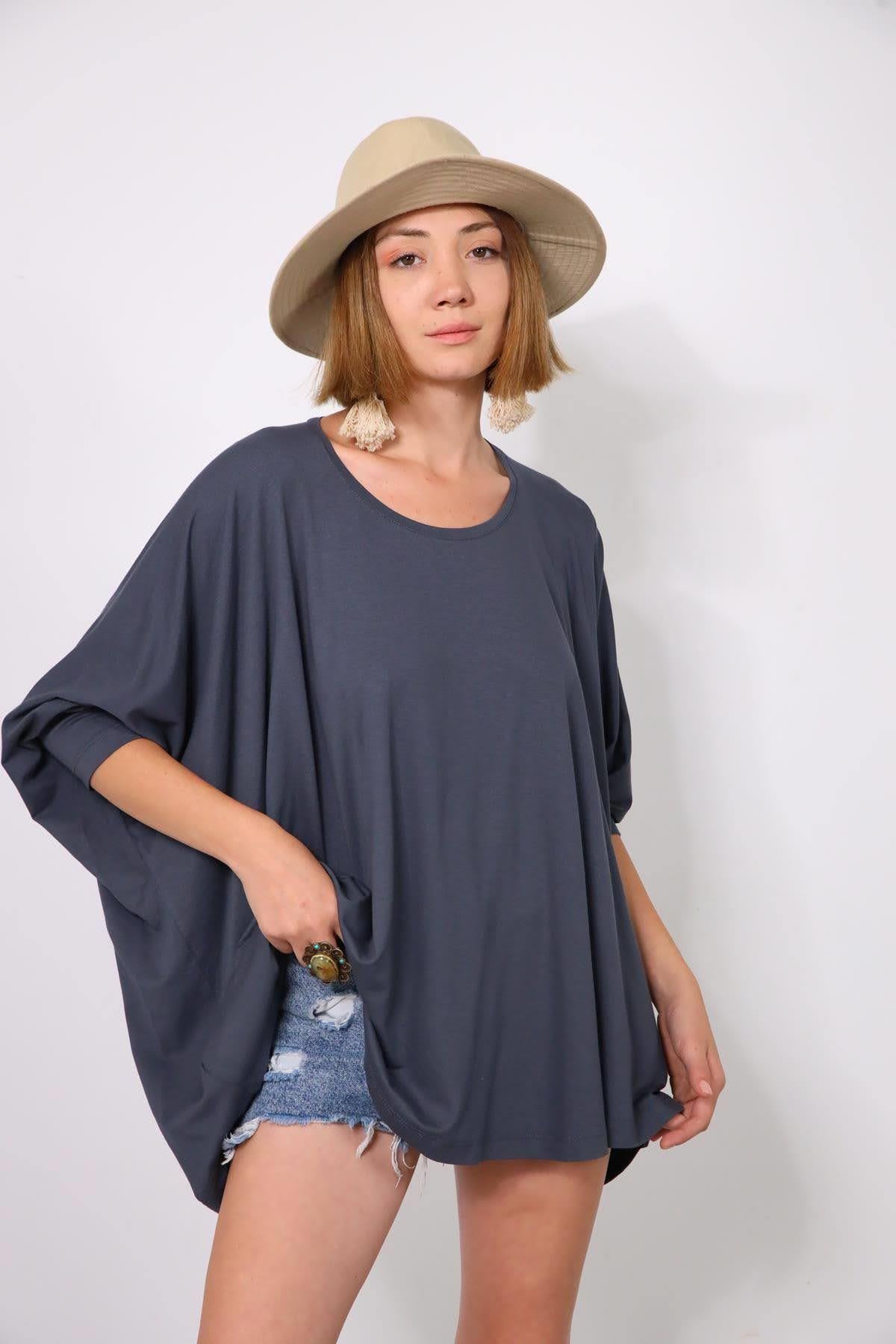 Antrasit Bisiklet Yaka Yarasa Kol Tunik - Şaman Butik Antrasit Bisiklet Yaka Yarasa Kol Tunik