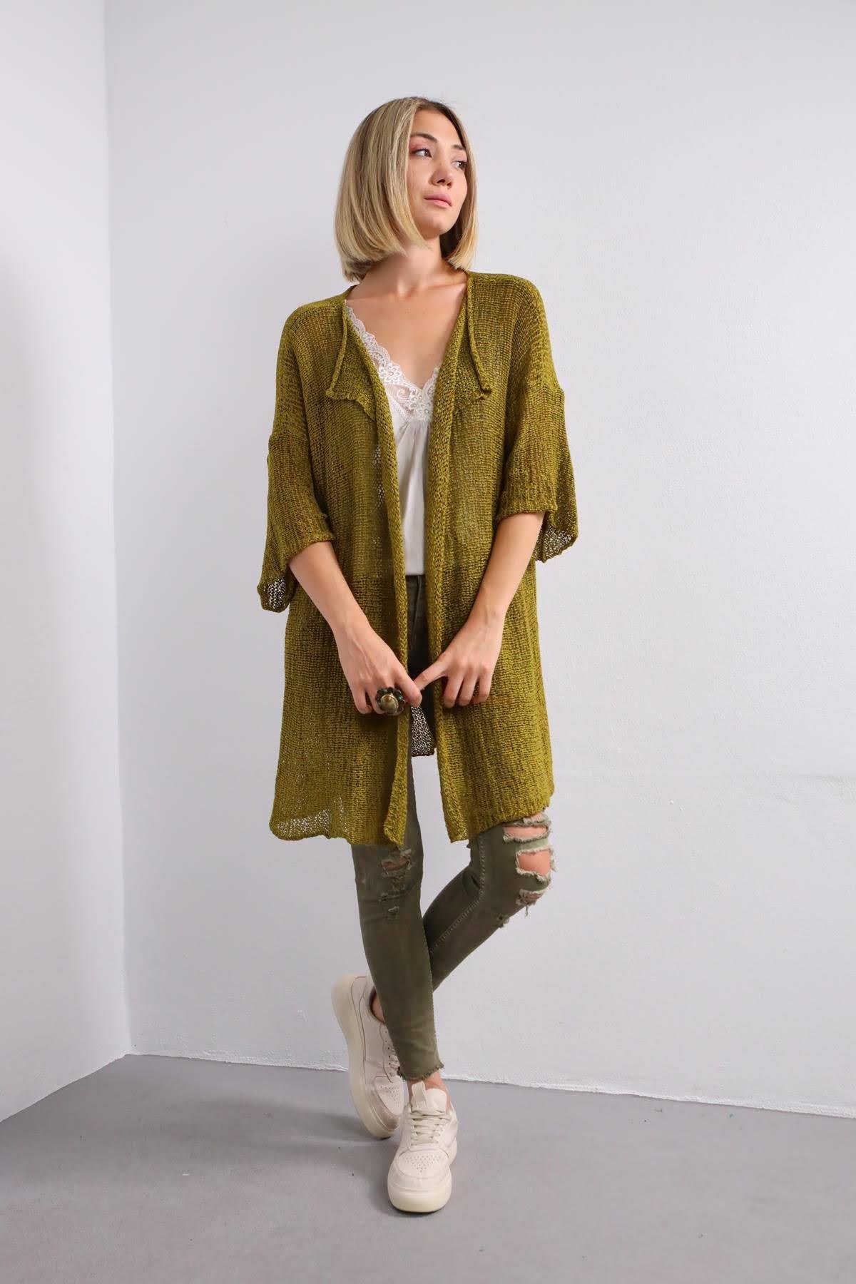  Yağ Yeşili Kısa Merserize Hırka