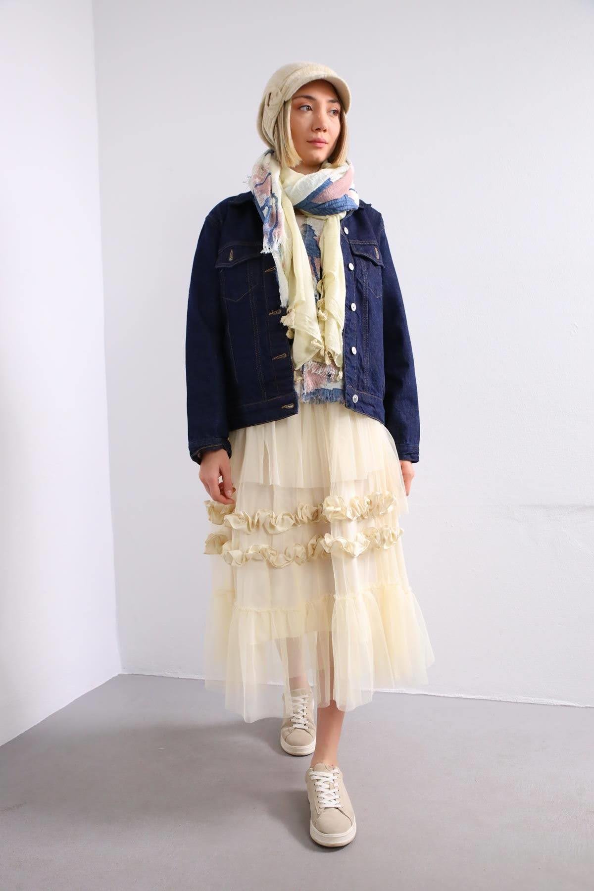  Krem Rengi Katlı Tül Etek