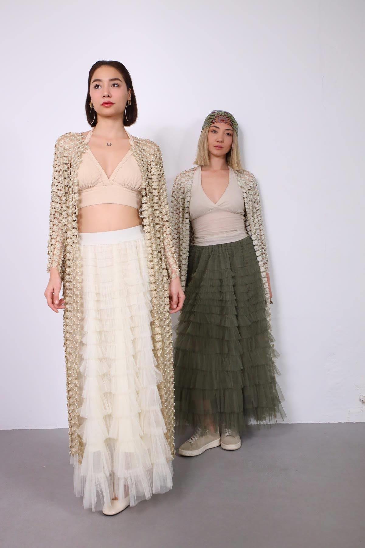  Ekru İncili Örme Şık Kaftan