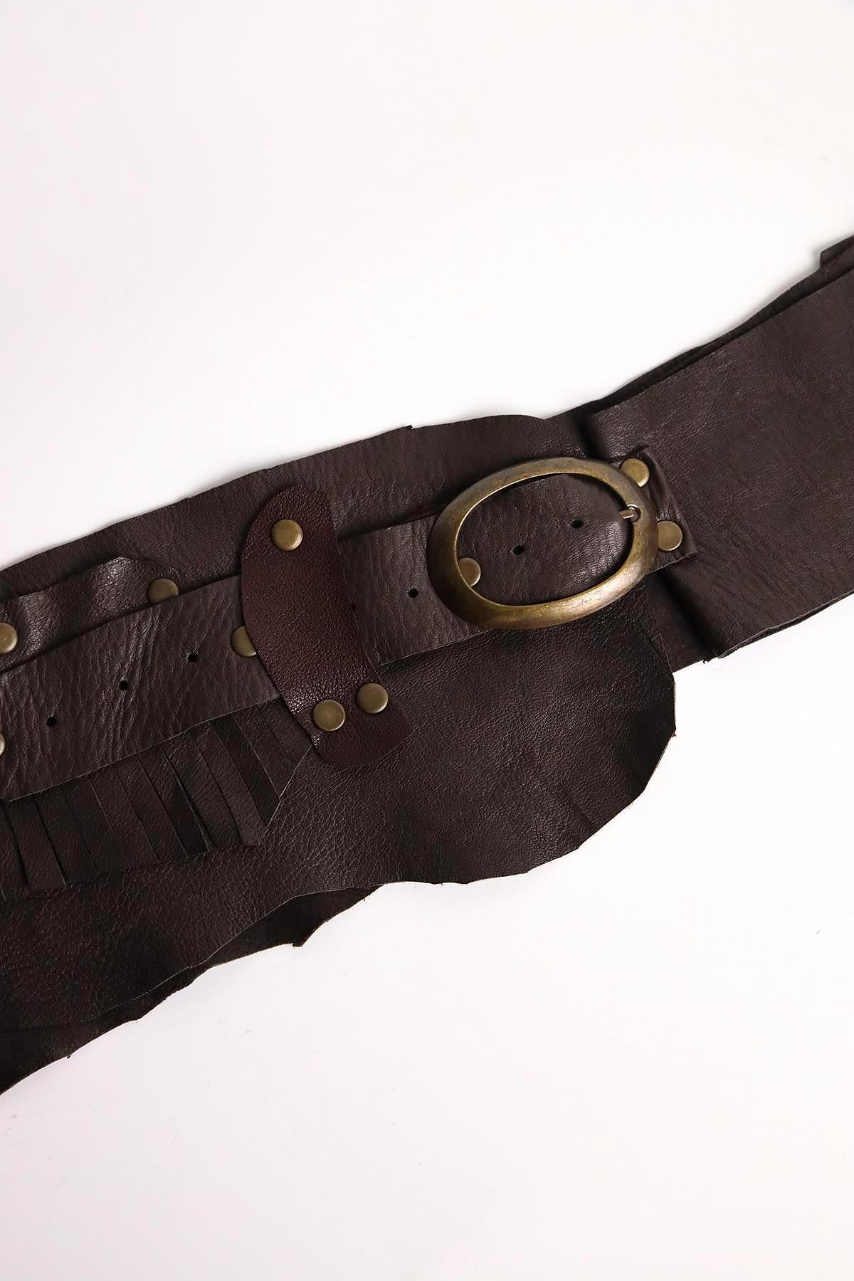  Koyu Kahverengi Zımbalı Parçalı Deri Kemer