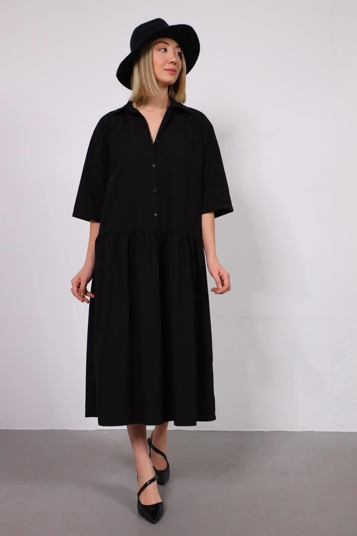 Siyah Yarım Düğmeli Gömlek Elbise - Şaman Butik Siyah Yarım Düğmeli Gömlek Elbise
