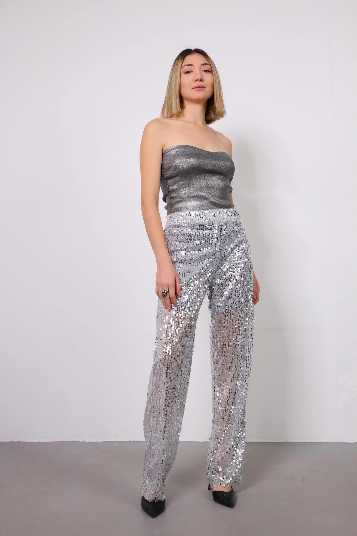 Gri Payetli Pantolon - Şaman Butik Gri Payetli Pantolon
