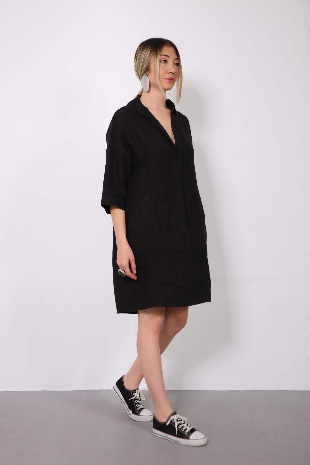 Siyah Tek Düğmeli Önü Pileli Keten Elbise - Şaman Butik Siyah Tek Düğmeli Önü Pileli Keten Elbise