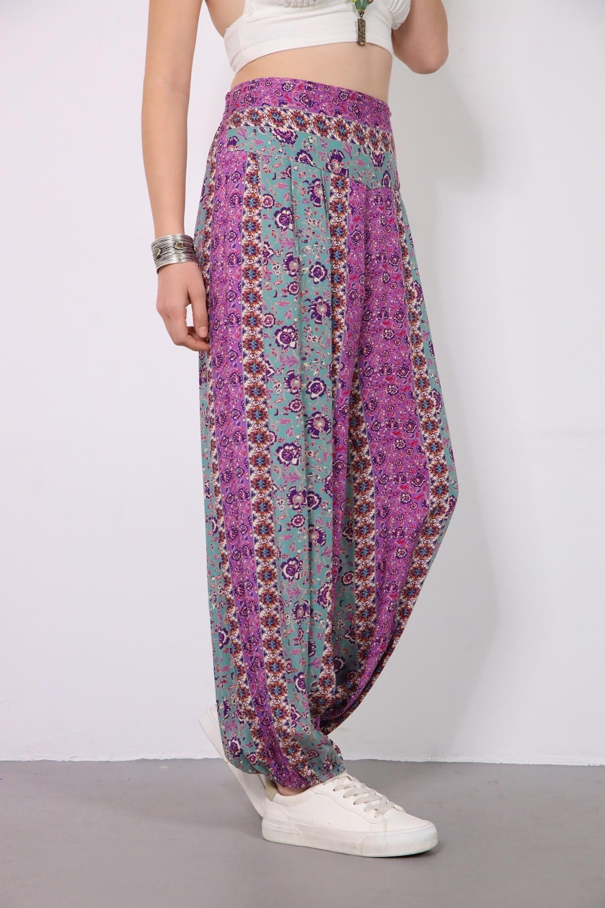 Purple Floral Patterned Elastic Waist Comfy Trousers - Saman Butik | Shop Online Purple Floral Patterned Elastic Waist Comfy Trousers