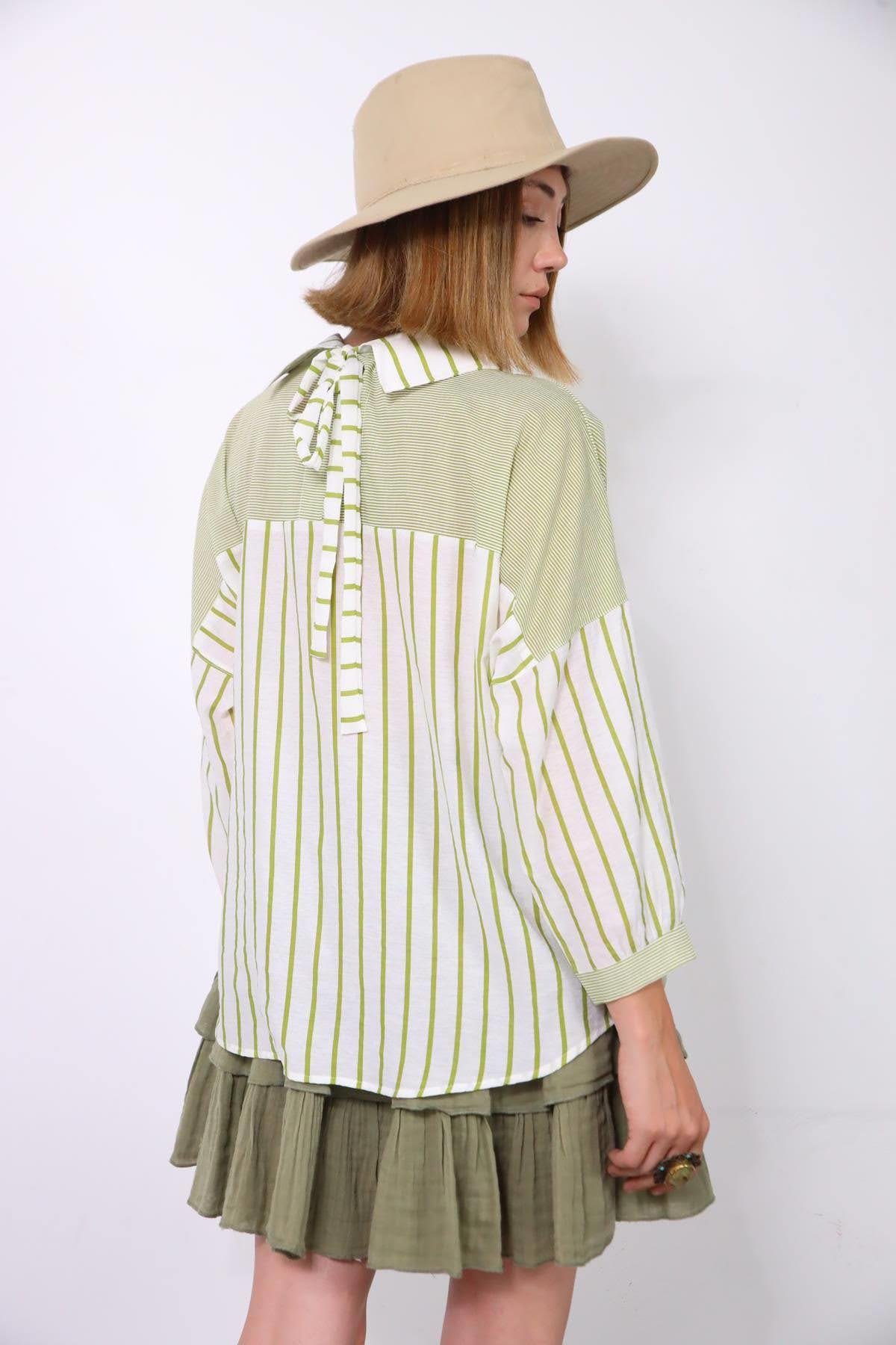  Fıstık Yeşili Arkası Bağlamalı Çizgili Otantik Gömlek