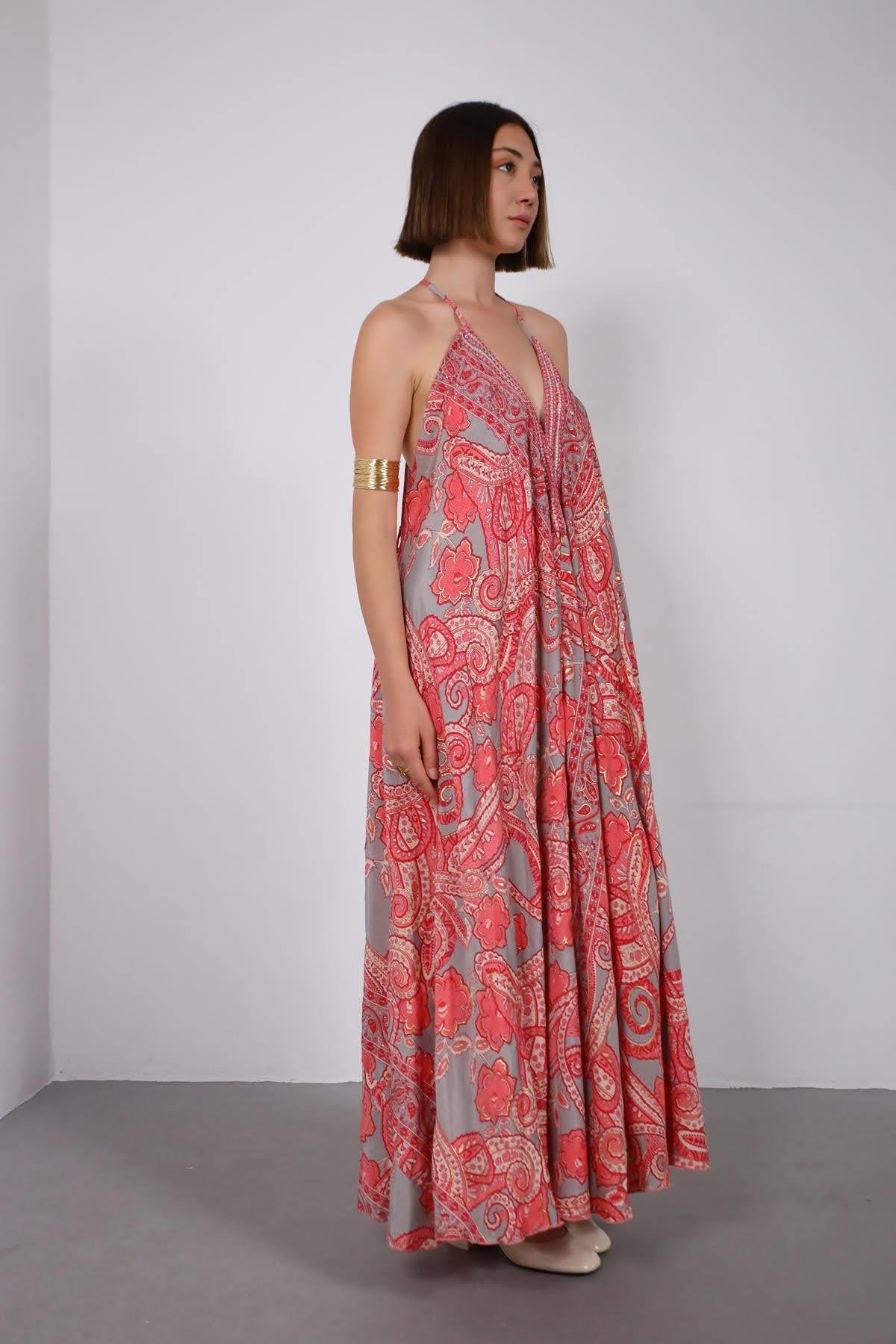 Pembe Otantik İşlemeli Ayna Detaylı Askılı İpek Elbise - Şaman Butik Pembe Otantik İşlemeli Ayna Detaylı Askılı İpek Elbise