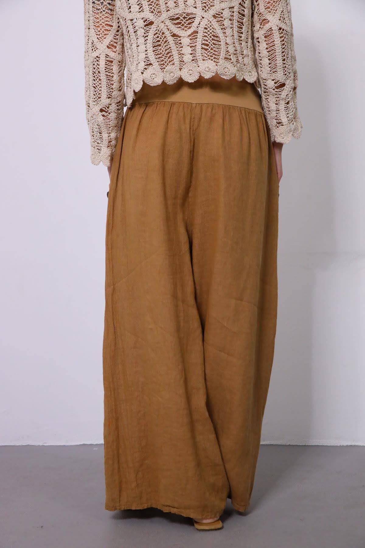 Camel Rengi Düğme Detaylı Bol Paça Keten Pantolon - Şaman Butik Camel Rengi Düğme Detaylı Bol Paça Keten Pantolon